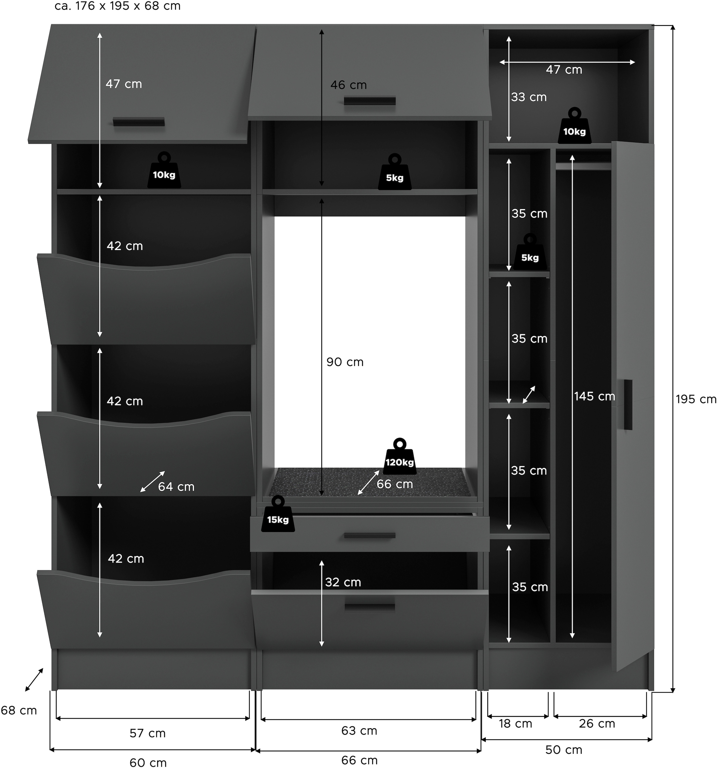 welltime Badmöbel-Set »FALAS, TOPSELLER!, 3-teilig, Hauswirtschaftsraum Set, Breite 176 cm«, (Set, 3 St., 1x Wäscheschrank, 1x Waschmaschinenumbauschrank, 1x Mehrzweckschrank), Kombination, Waschmaschinenumbau, Waschmaschinenschrank, Wäschekammer