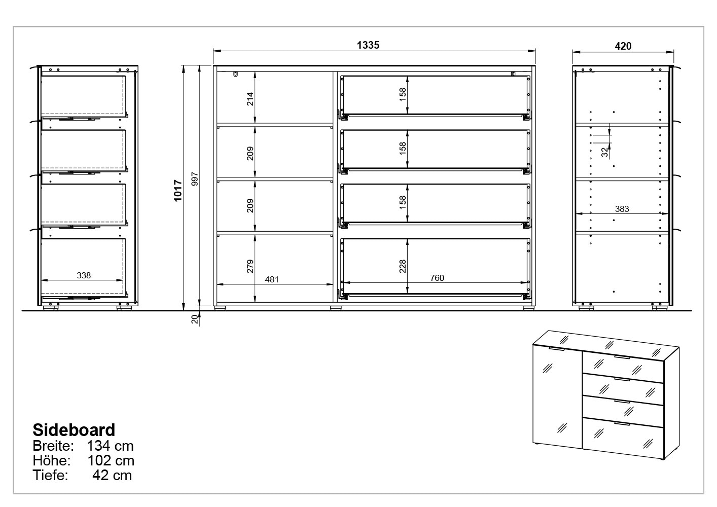 GERMANIA Sideboard »Oakland«, in 2 Breiten, Fronten und Oberboden mit Glasauflage