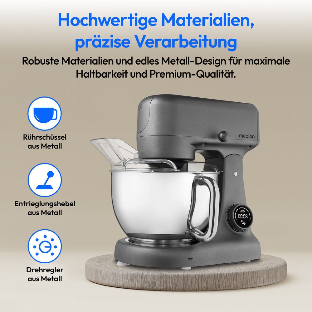 Medion® Küchenmaschine »MD 12600, 8 Geschwindigkeitsstufen, Impulsfunktion, DC-Motor, 4,6 L«, Mit umfangreichem Zubehör-Set, Fleischwolf-Aufsatz, Gemüsereibe