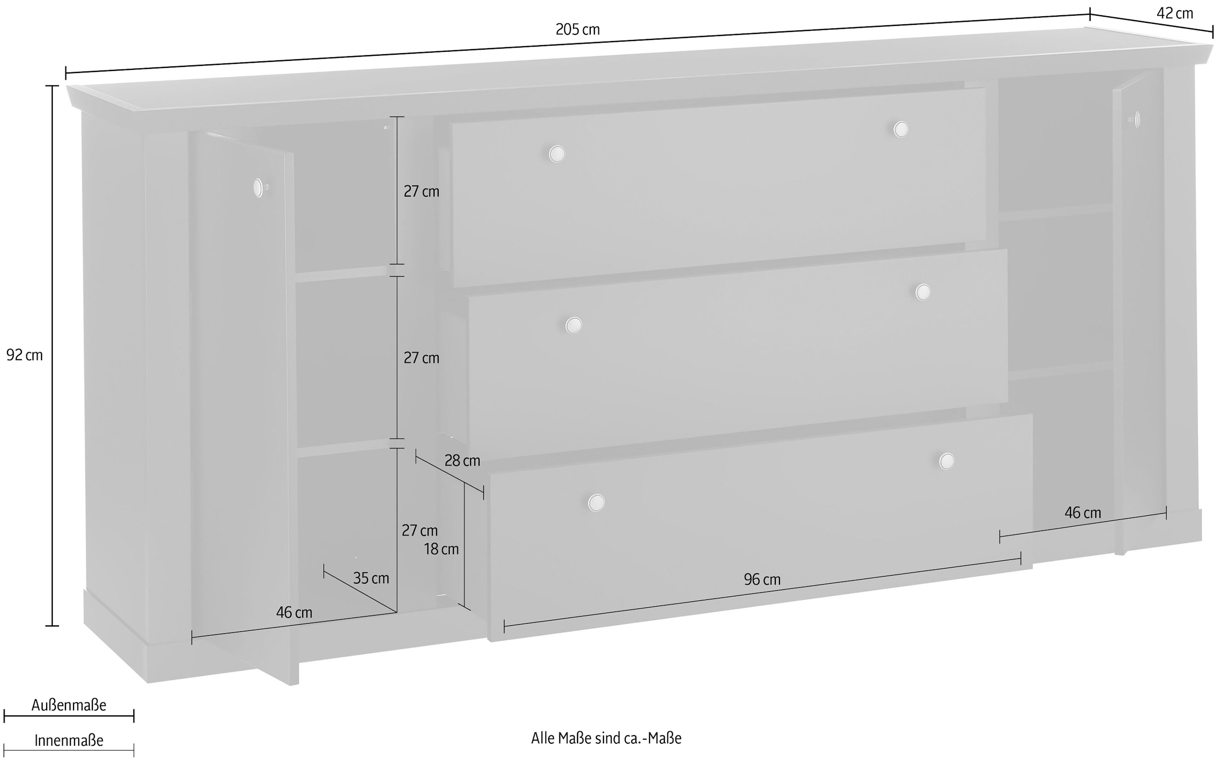Home affaire Sideboard »Lincoln, moderner Schrank, schwarze Kommode, 205 cm breit« edles Design, messingfarbene Knopfgriffe, in 2 Größen verfügbar