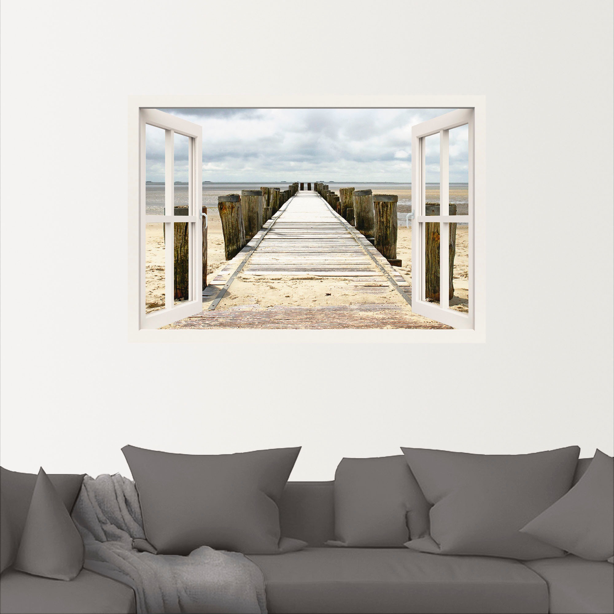 Artland Wandbild »Fensterblick - Steg ins Watt«, Fensterblick, (1 St.), als Leinwandbild, Wandaufkleber in verschied. Größen