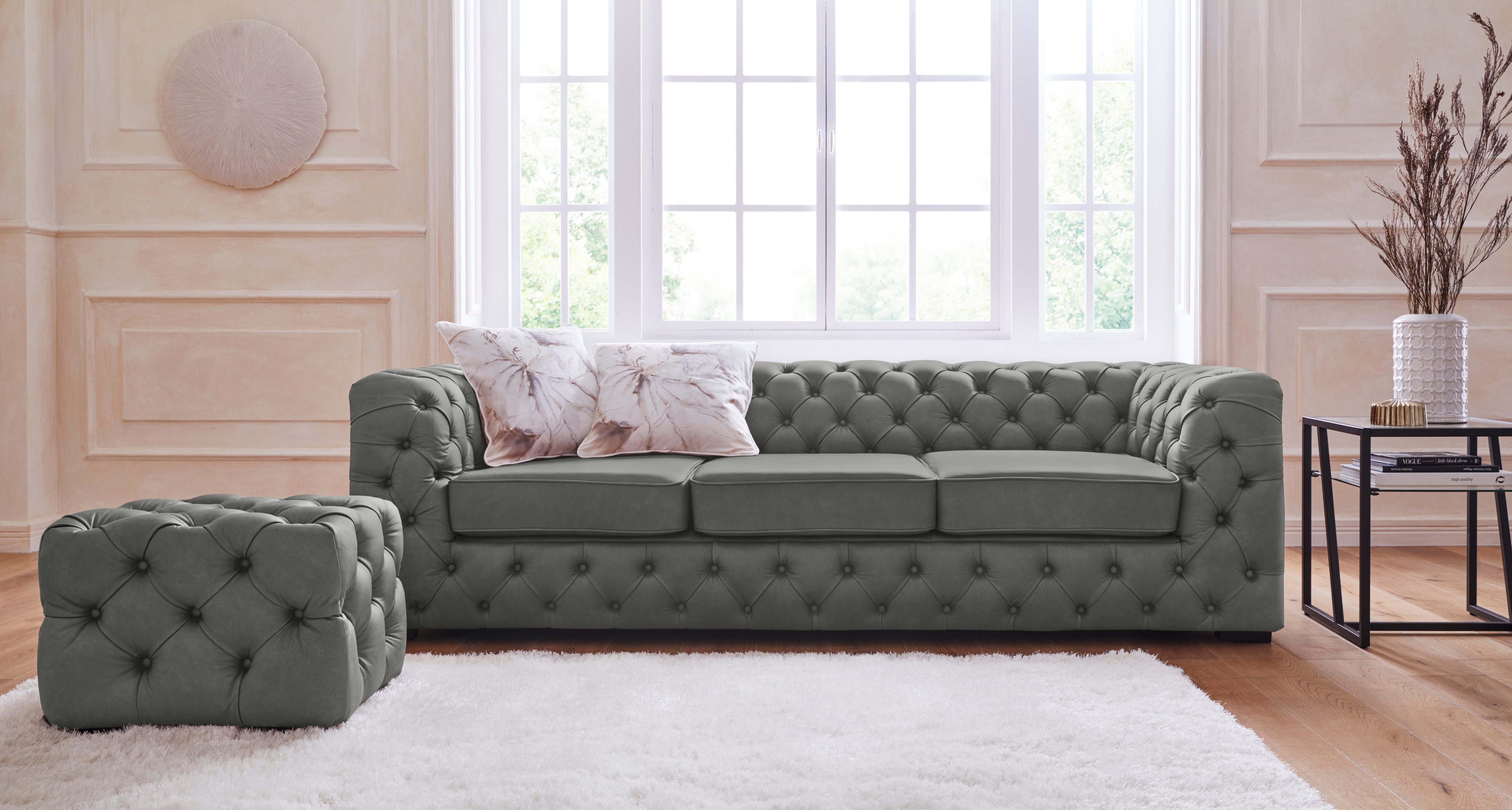 Home affaire Chesterfield-Sofa "Kalina, B: 230cm, handgefertigt, hochwertiger Stoff und Leder" klassische Chesterfield-Knopfheftung, sehr hochwertige Verarbeitung