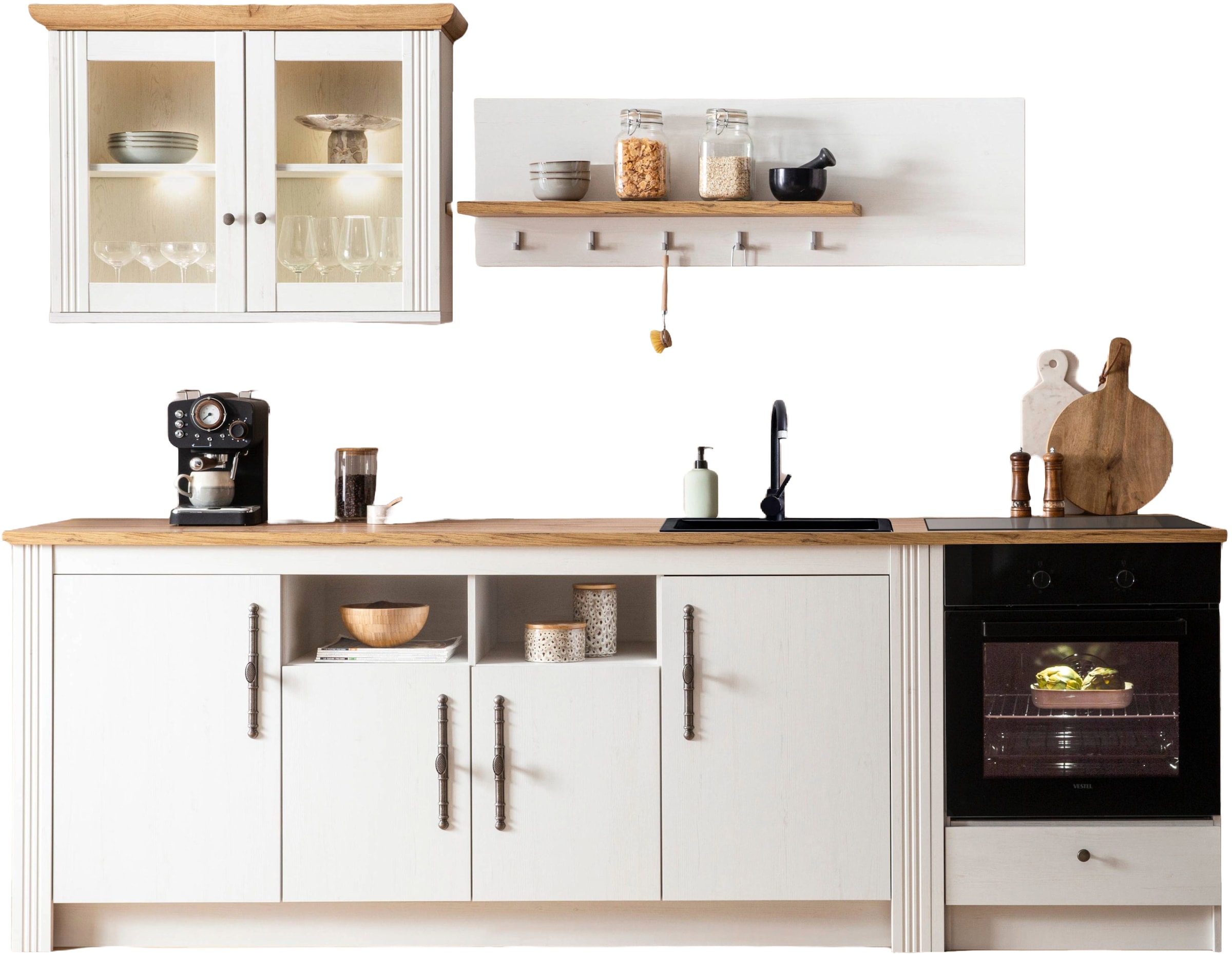 KOCHSTATION Küchenzeile »KS-Westminster, Pantryküche im Landhaus Stil, hochwertige Metallgriffe«, (Set), Breite 268 cm, Sideboard, Wandpaneel, Hängeschrank und Herdumbau