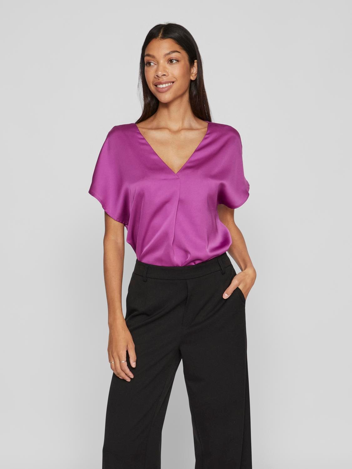 Vila V-Shirt "VIELLETTE V-NECK S/S SATIN TOP - NOOS"