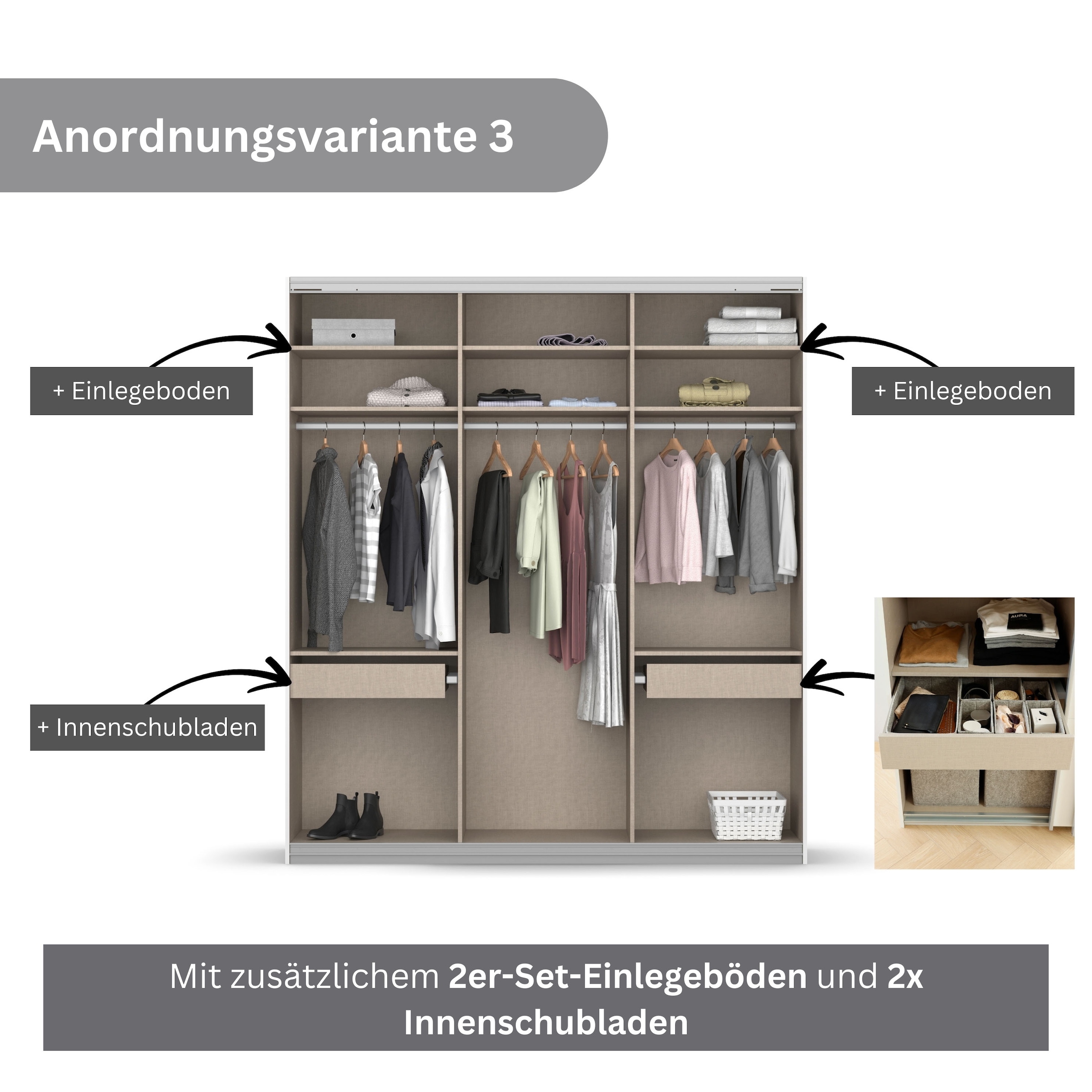 rauch Schwebetürenschrank »Kleiderschrank Schrank Garderobe KOLUNA mit Dekor-Front«, inkl. 2 Innenschubladen sowie extra Einlegeböden MADE IN GERMANY