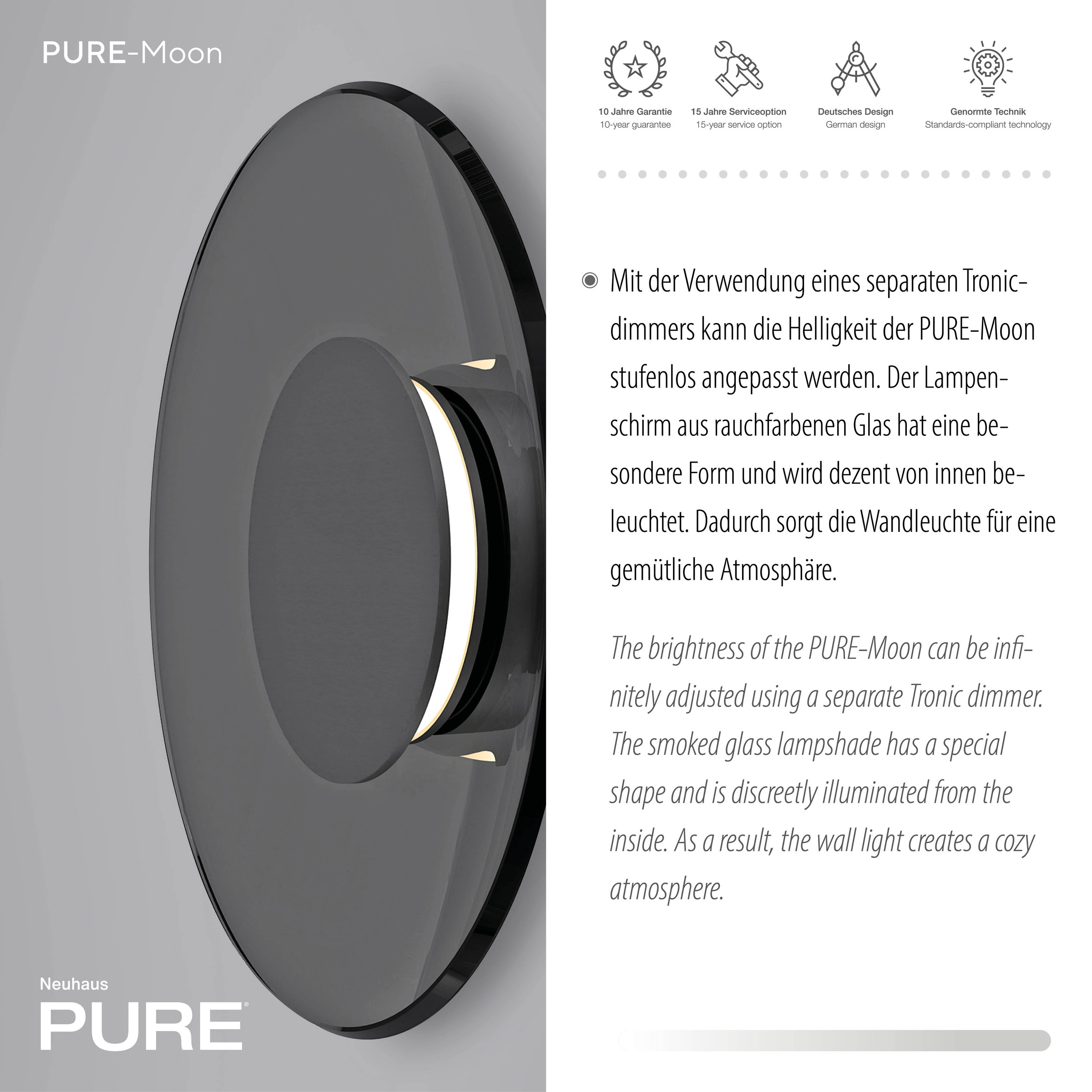 Neuhaus PURE LED Wandleuchte »PURE Moon« LED-Board 1 Stk. Warmweiß Dimmfähig über separaten Dimmer, Glas Rauchfarben