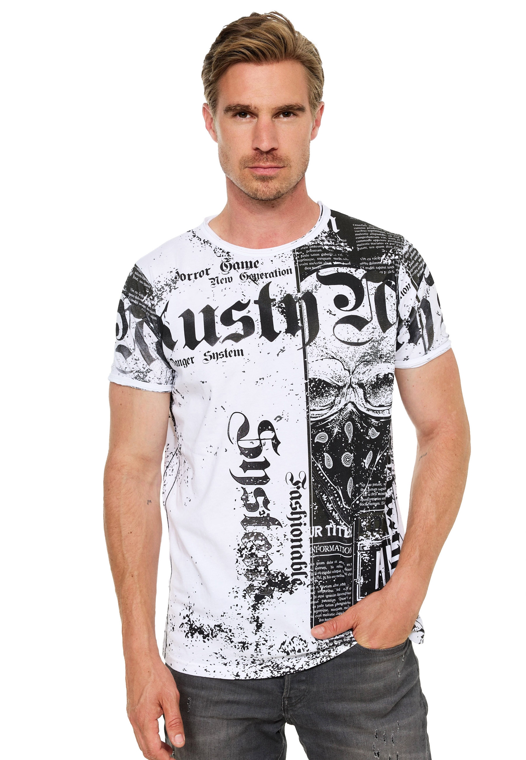 Rusty Neal T-Shirt, mit Allover-Print im Used-Look