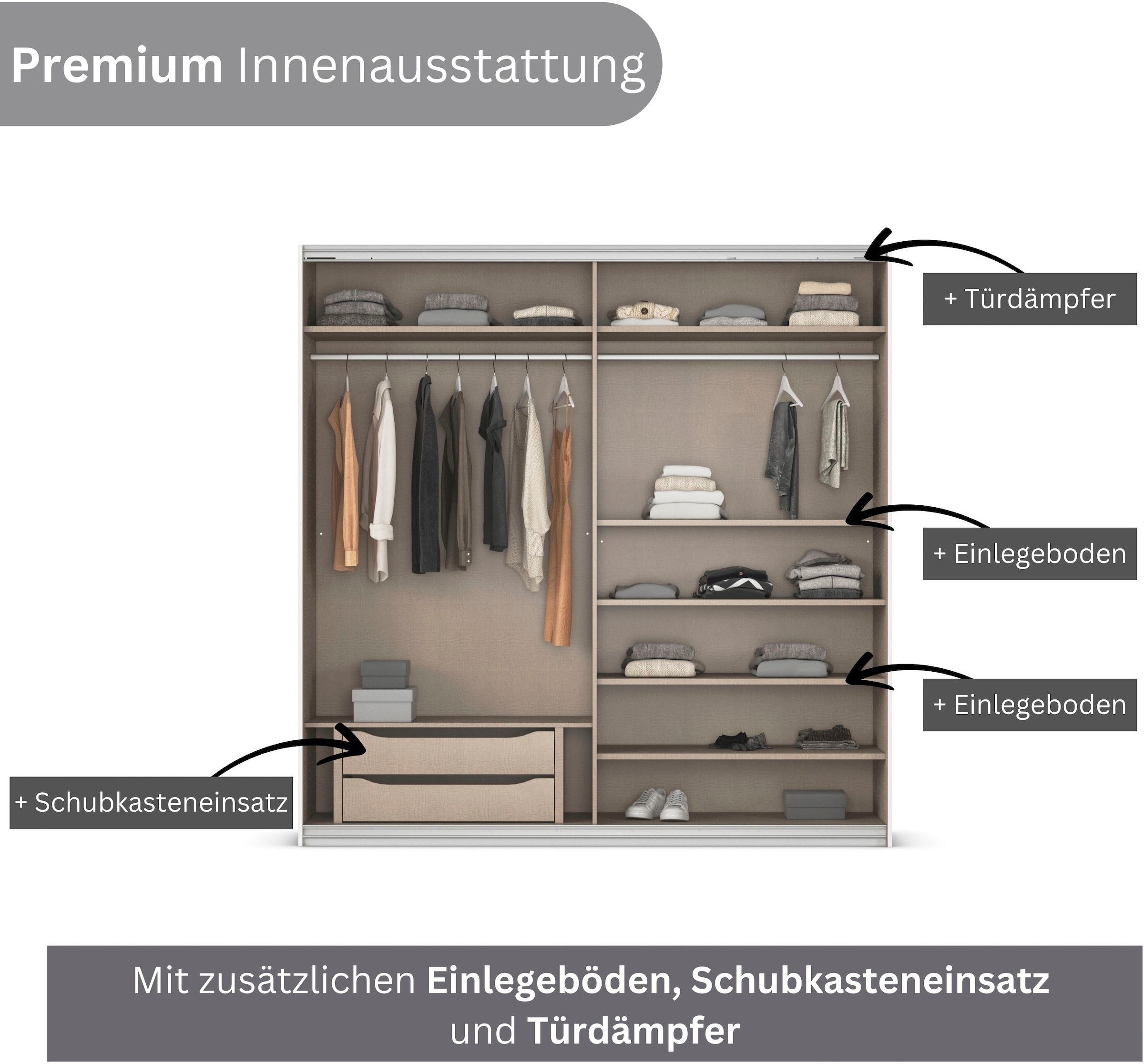 INOSIGN BY RAUCH Schwebetürenschrank »Kleiderschrank Schrank Garderobe Schlafzimmerschrank THANOS«, (in 3 verschiedenen Ausstattungen BASIC/CLASSIC/PREMIUM), Optional mit Spiegel, Metall-Griffleisten alufarben MADE IN GERMANY