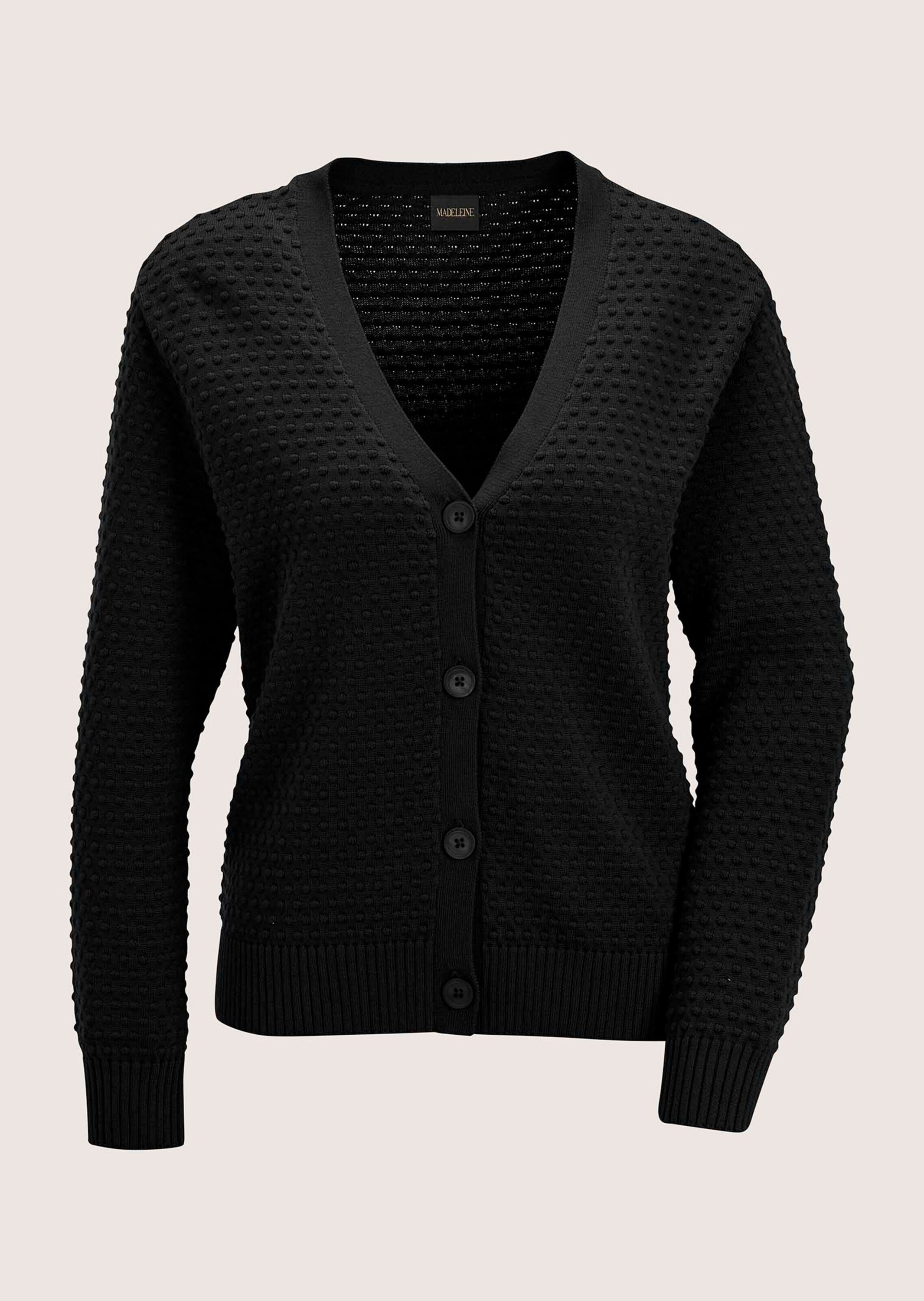 MADELEINE Damen Strickjacke "Strickjacke Eleganter Cardigan mit V-Ausschnitt", schwarz, Modern, Gr. 44, Obermaterial: 100% Baumwolle CO.,