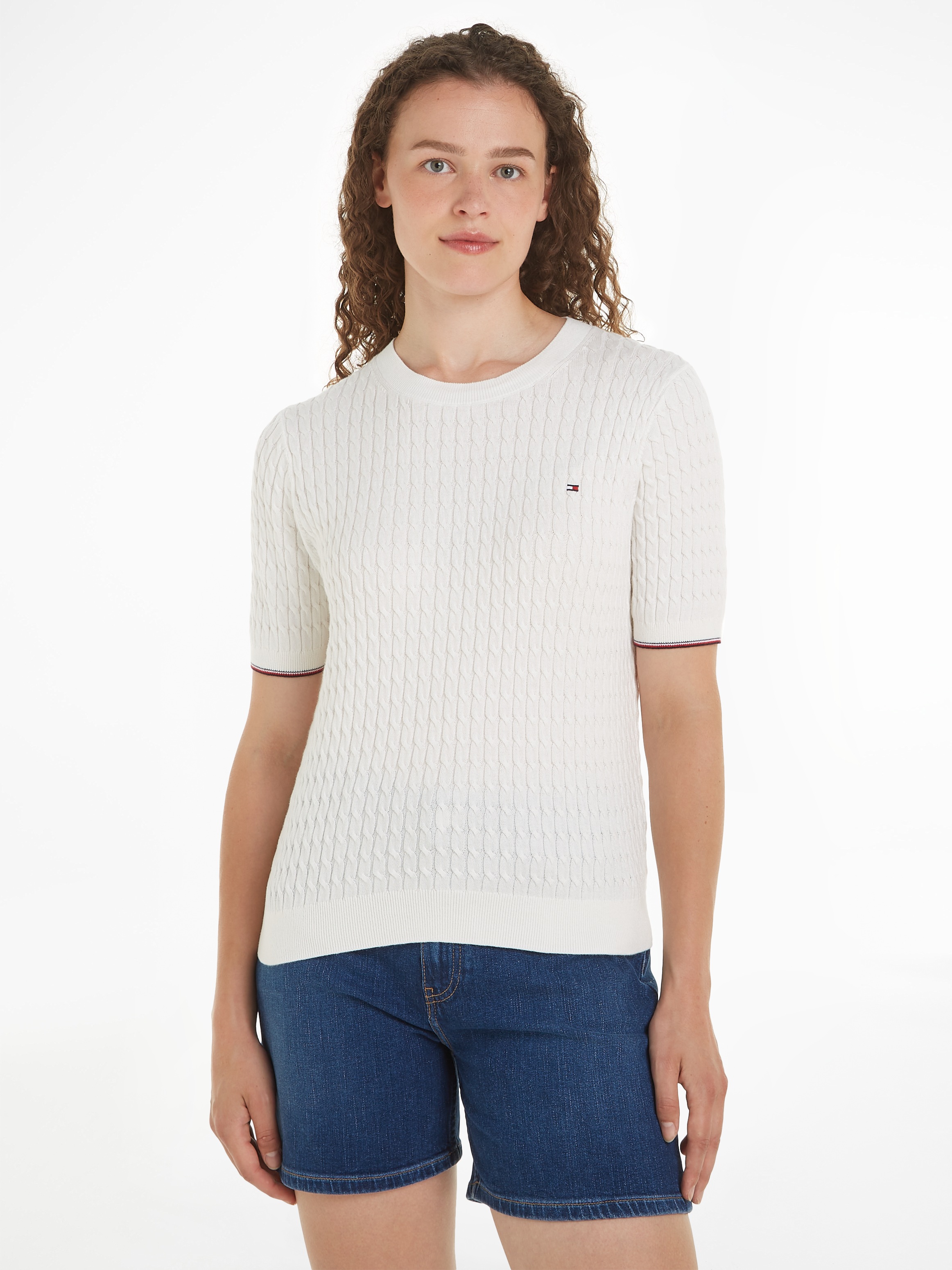 Tommy Hilfiger Kurzarmpullover »CO CABLE RWB C-NK SS SWT«, mit Mini-Zopfmuster