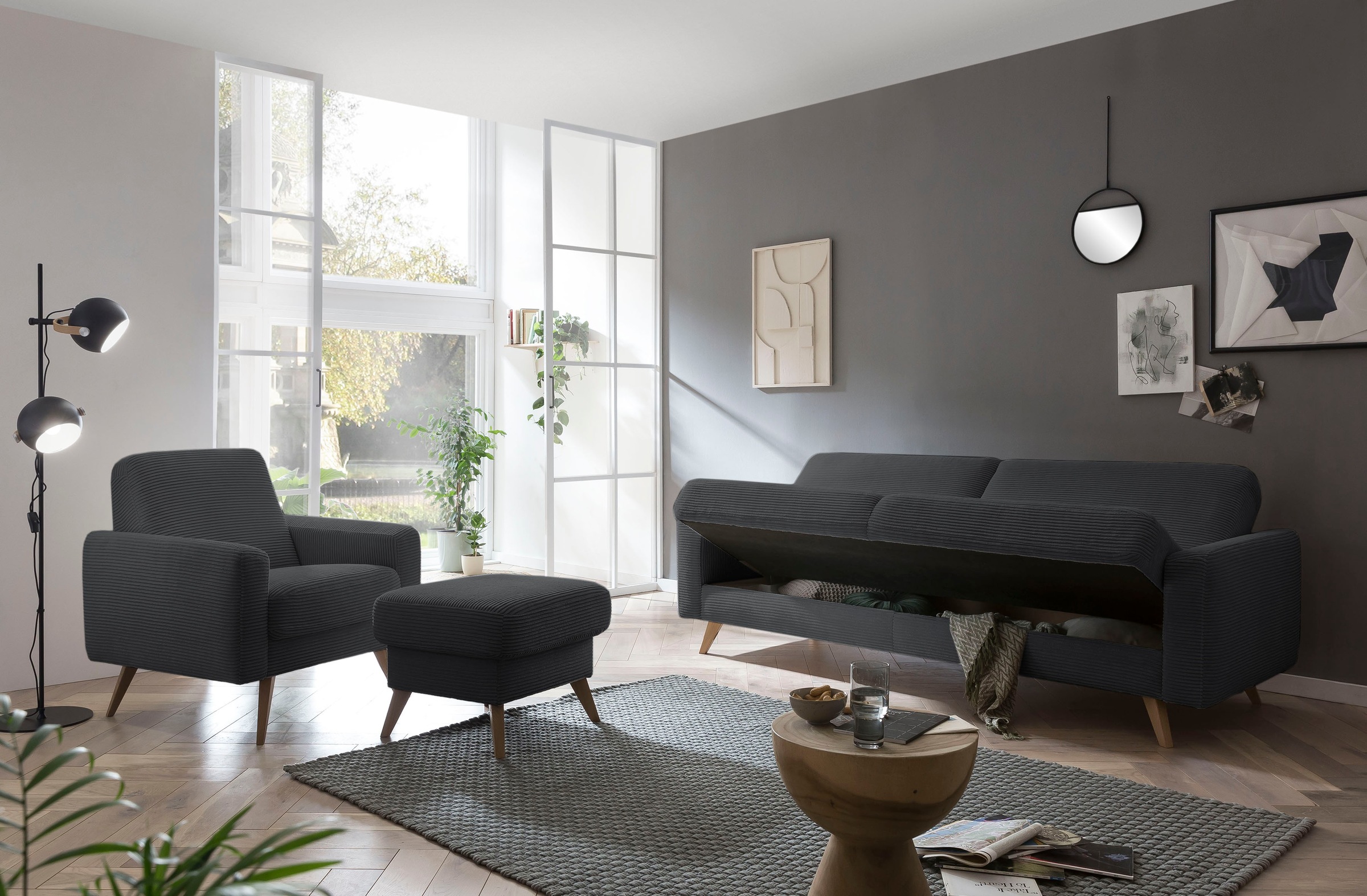 exxpo - sofa fashion 3-Sitzer »Samso, elegant und bequem, aktueller Cord Bezug, Kippcouch«, hochwertige Verarbeitung, Schlafsofa inkl. Bettfunktion und Bettkasten