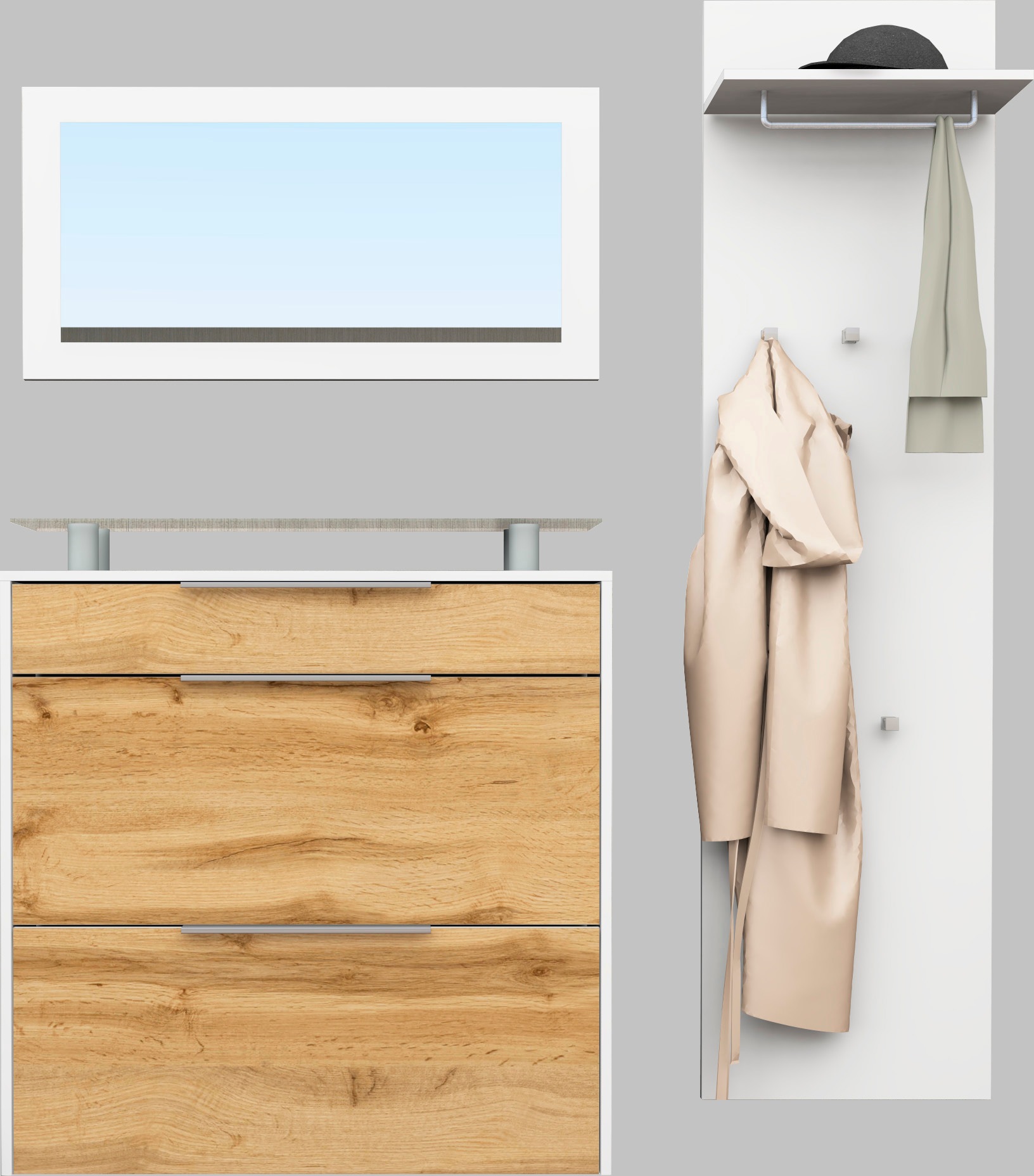 Garderoben-Set BORCHARDT MÖBEL, weiß, Flur, Kastenmöbel-Sets, "Oliva", (3-tlg), mit hängendem Schuhschrank, Paneel und Spiegel