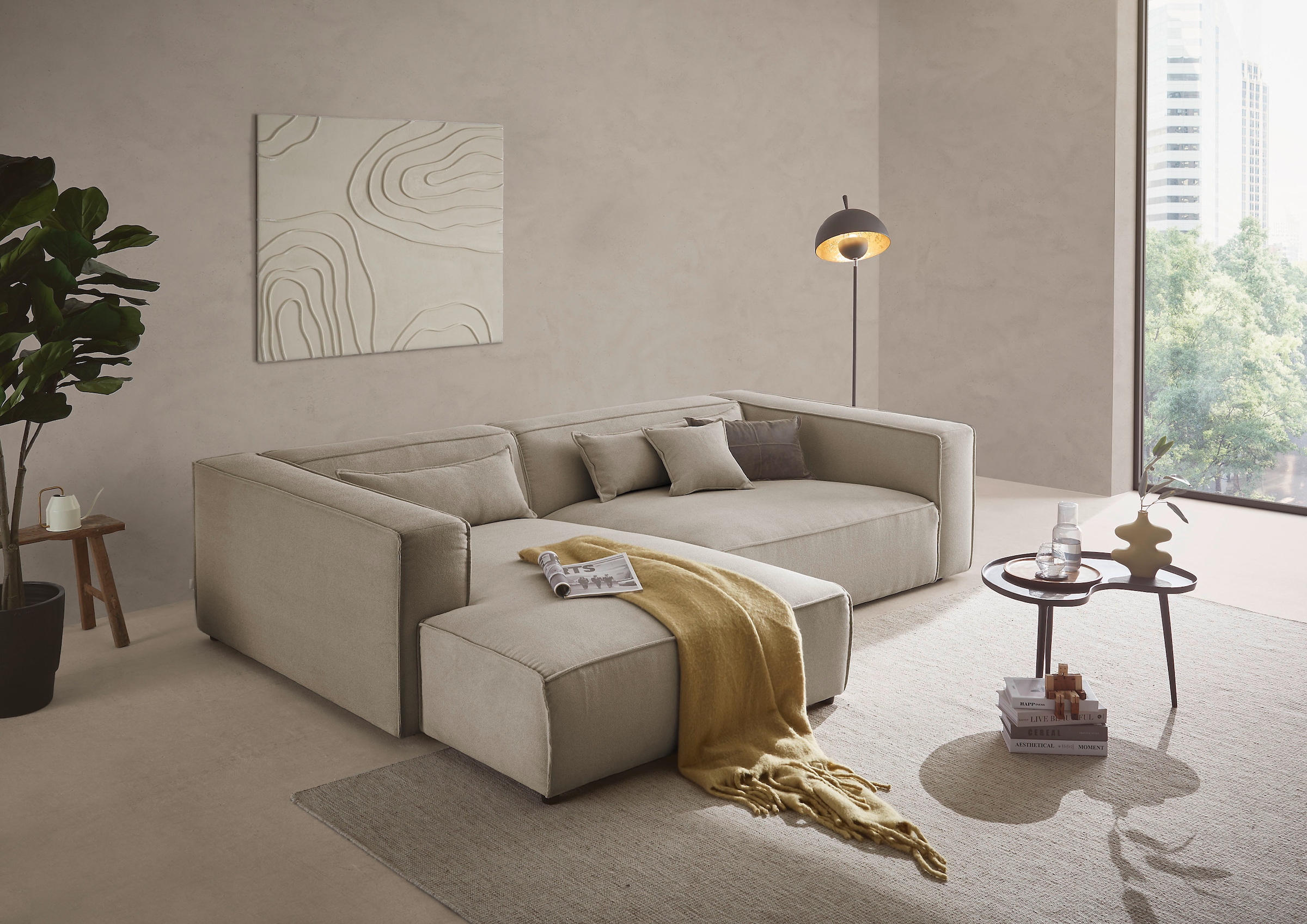 LeGer Home by Lena Gercke Ecksofa »PIARA XXL, Big-Sofa in Cord oder Leinenoptik, L-Form, mit Kedernaht«, wahlweise Ottomane rechts/links, schwarze Füße, extra tiefe Sitzfläche