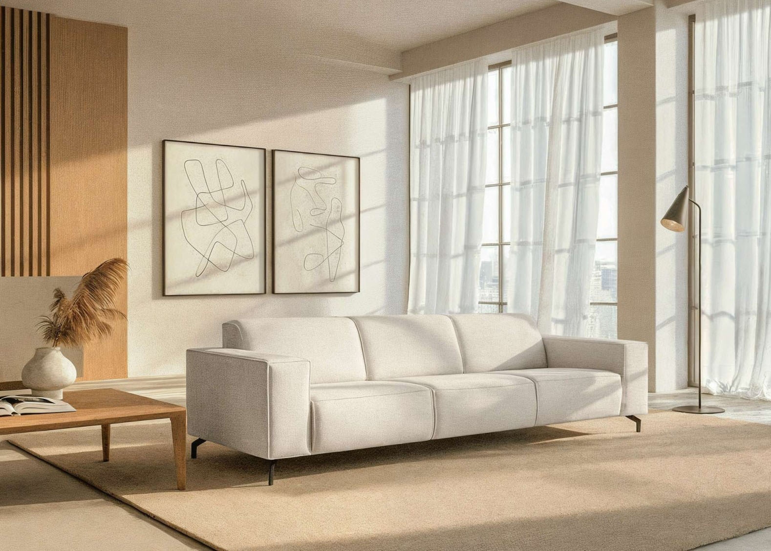 Home affaire 3-Sitzer "Lorcan 257 cm, weiches Sitzgefühl" mit schwarzen Metallfüßen, Lederoptik und in weichem Strukturstoff