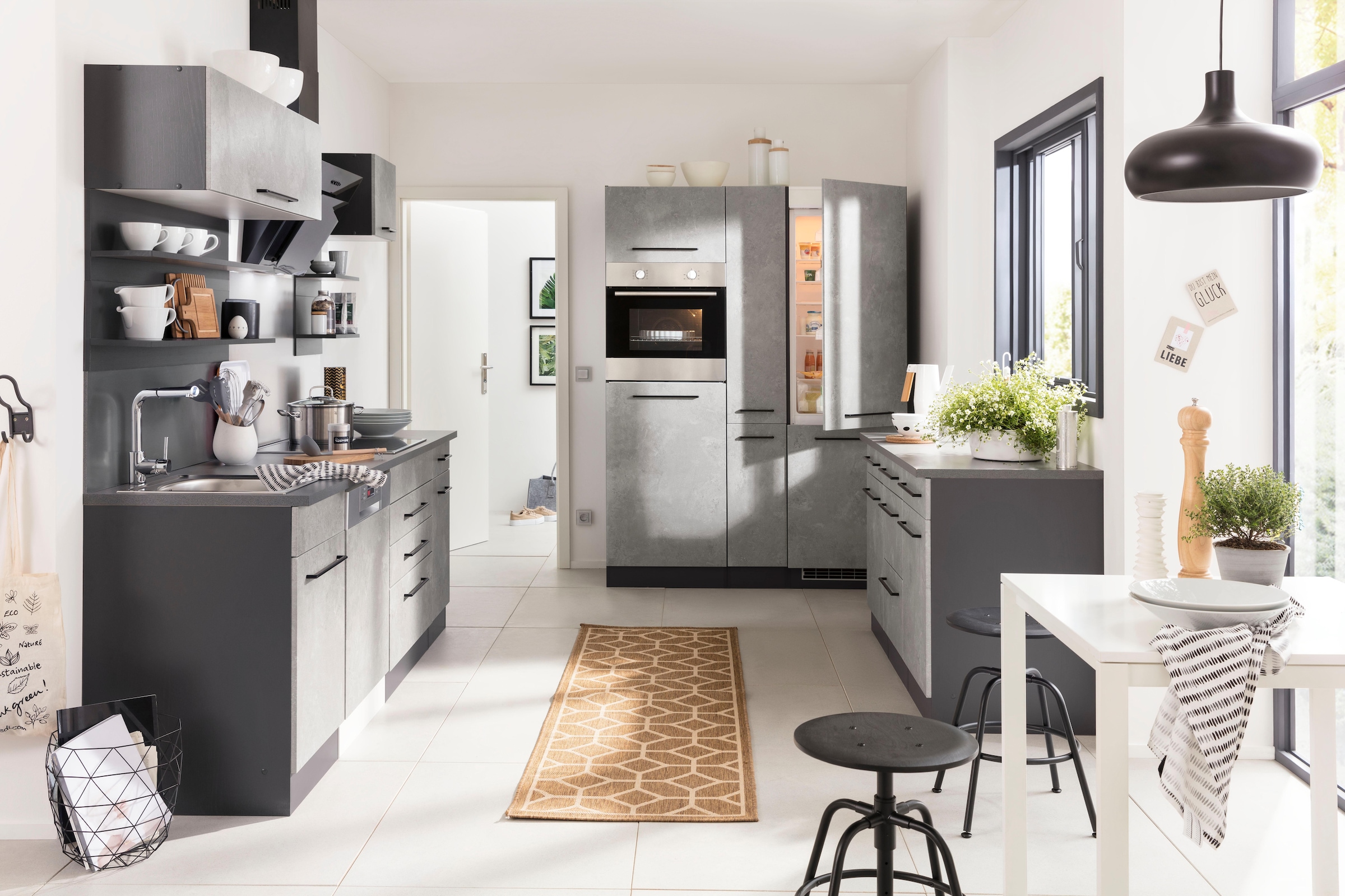 KOCHSTATION Küchenzeile »KS-Tulsa«, mit E-Geräten, Breite 380 cm, schwarze Metallgriffe, MDF Fronten