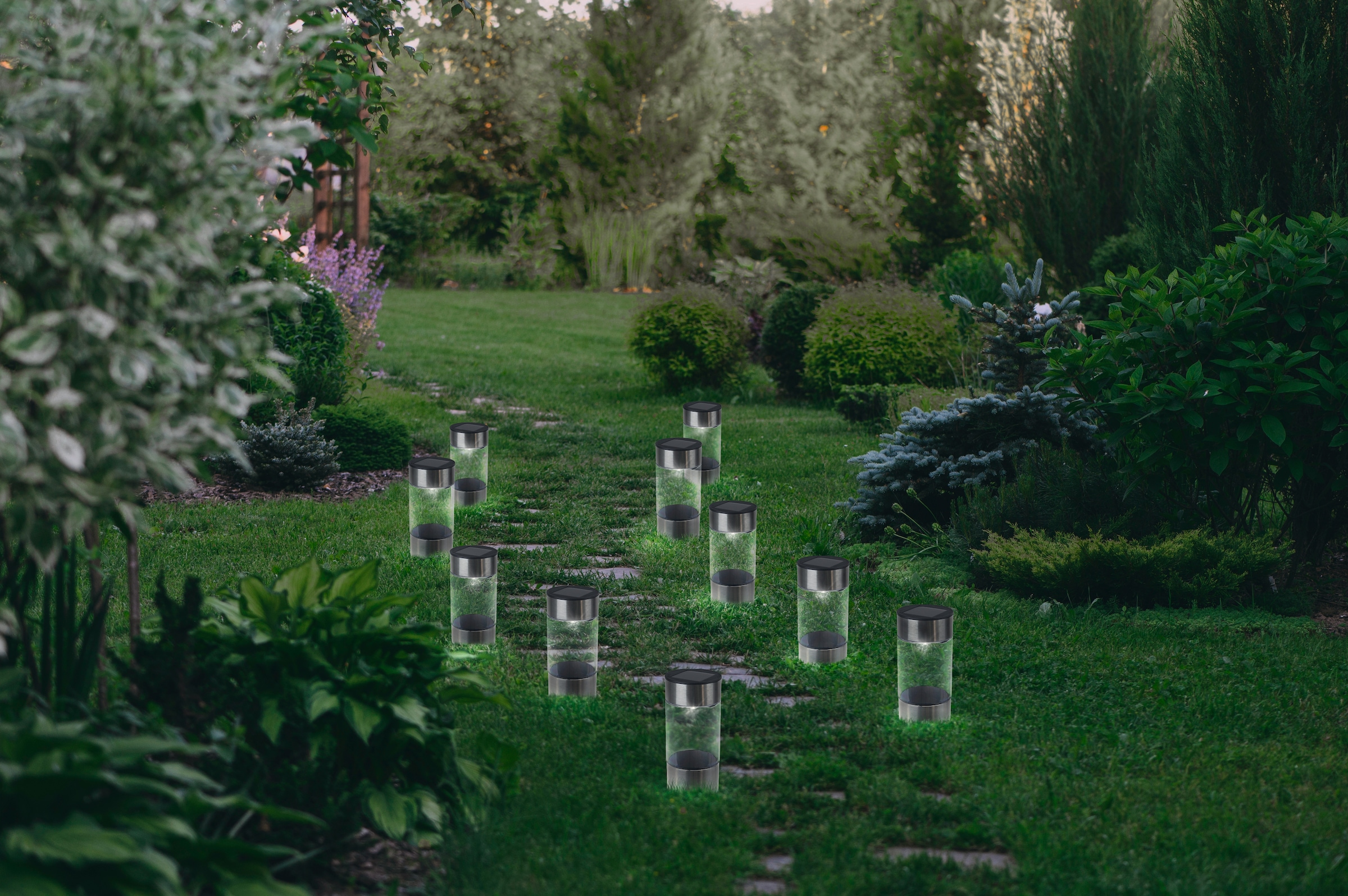 näve LED Solarleuchte »Rota« LED-Modul 1 Stk. Warmweiß 10er Set runde Dekoerdspieße, LED warmweiß, je H: 19cm, D: 5cm, silber