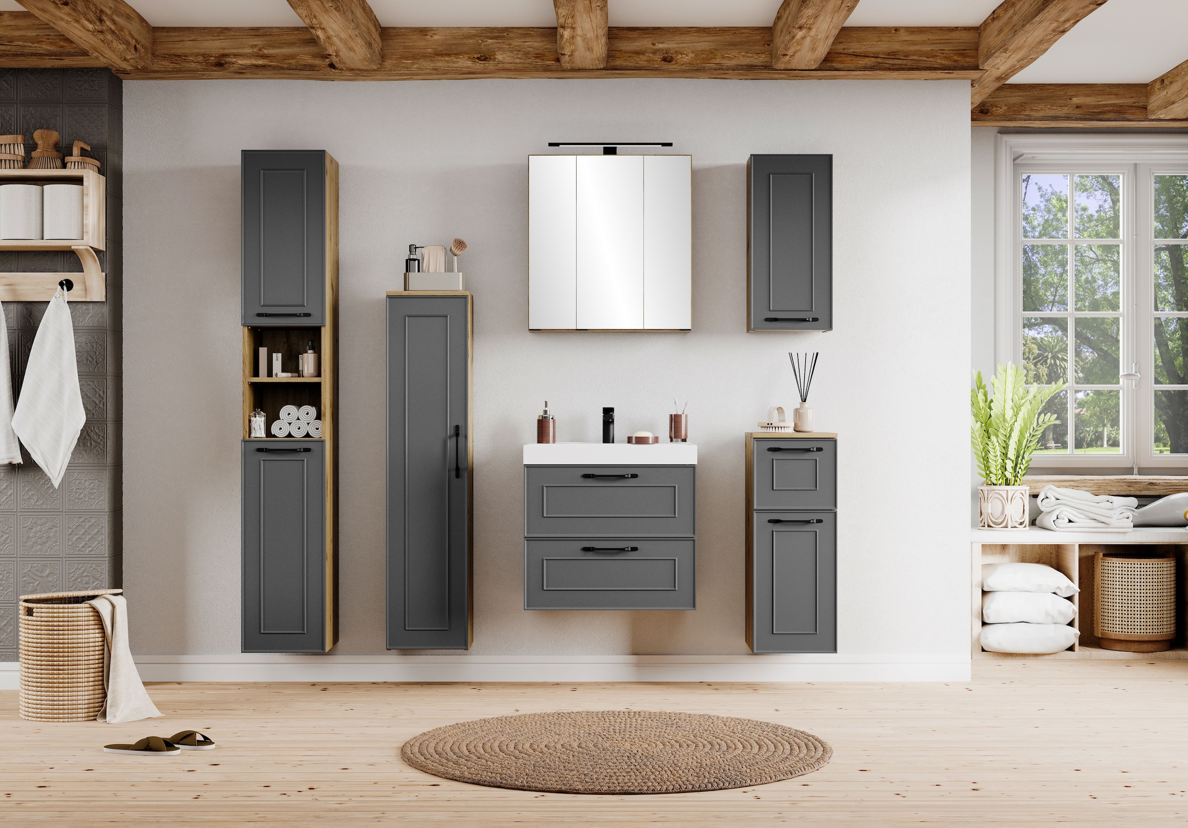 welltime Waschtisch »CADIZ, Waschtisch« matt grau, Landhaus-Optik, schwarze Aktzente