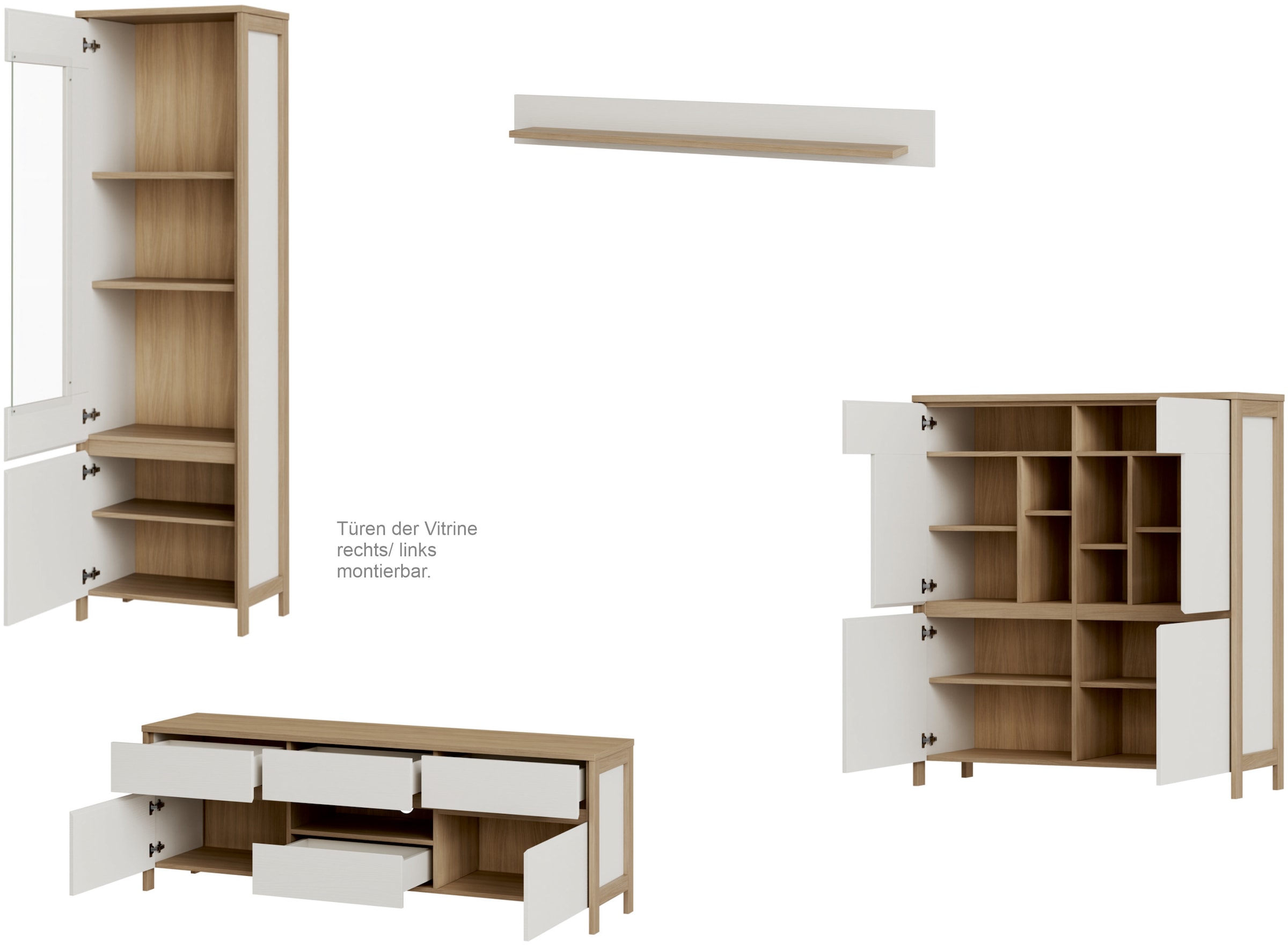 Home affaire Wohnwand »Stranda, moderne Anbauwand, Komplettset im Scandi-Style«, (4 St.), enthält Vitrine, Lowboard, Highboard und Wandboard, 364 cm breit