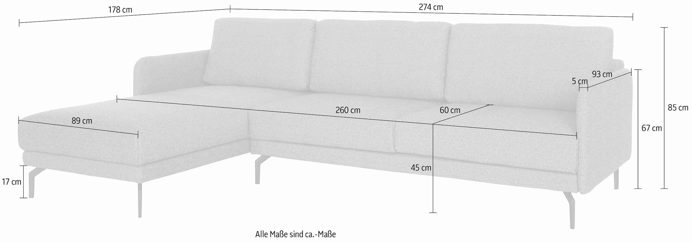 sofa BAUR cm, schmal, sehr Ecksofa Umbragrau hülsta Breite | 274 kaufen »hs.450«, Armlehne Alugussfuß