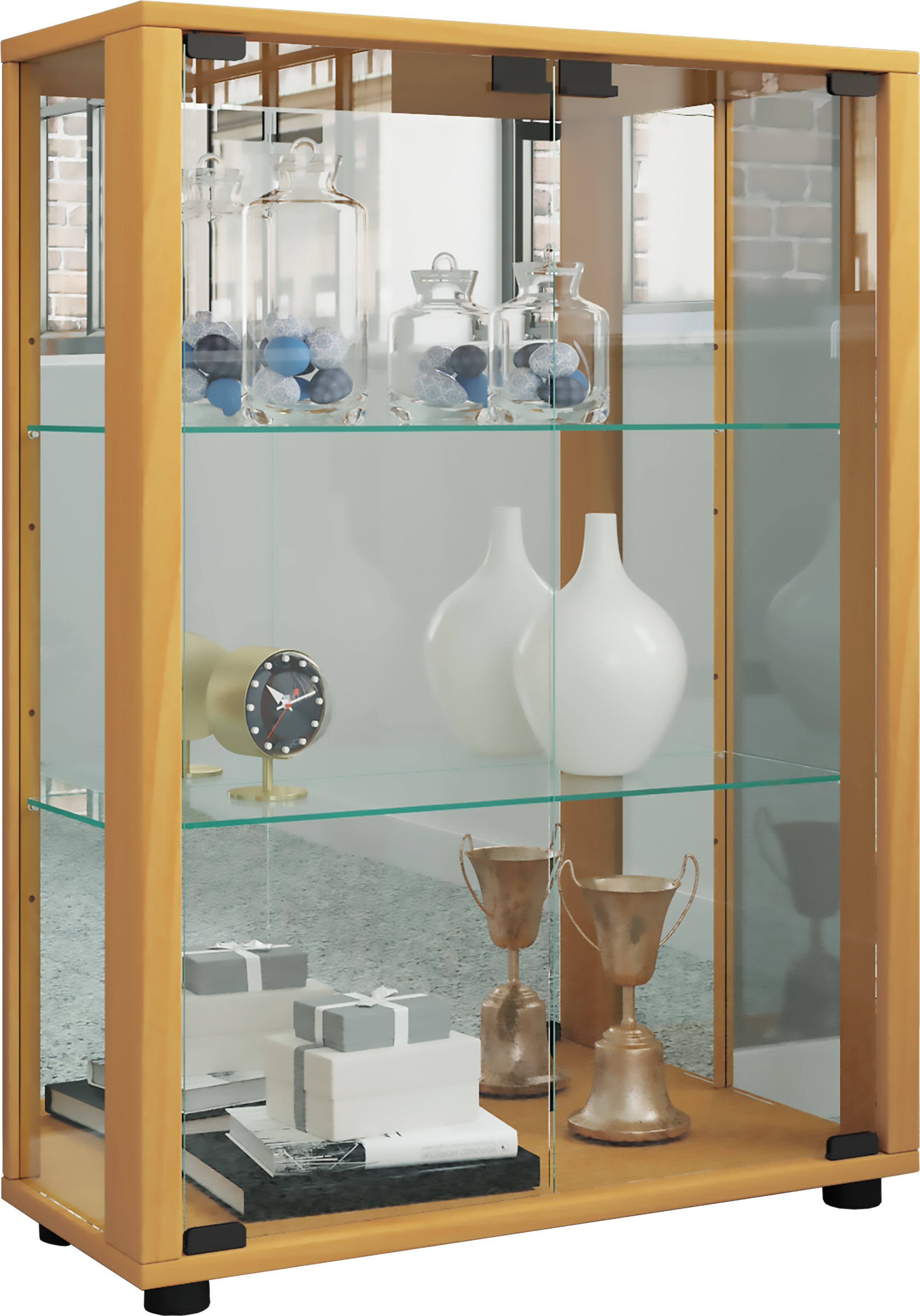 Vitrine VCM, B:60cm H:80cm T:25cm, braun, Obermaterial: 100% Holz Wood., Wohnzimmer, Schränke, "VCM Glasvitrine stehend Vitrine Glas mit