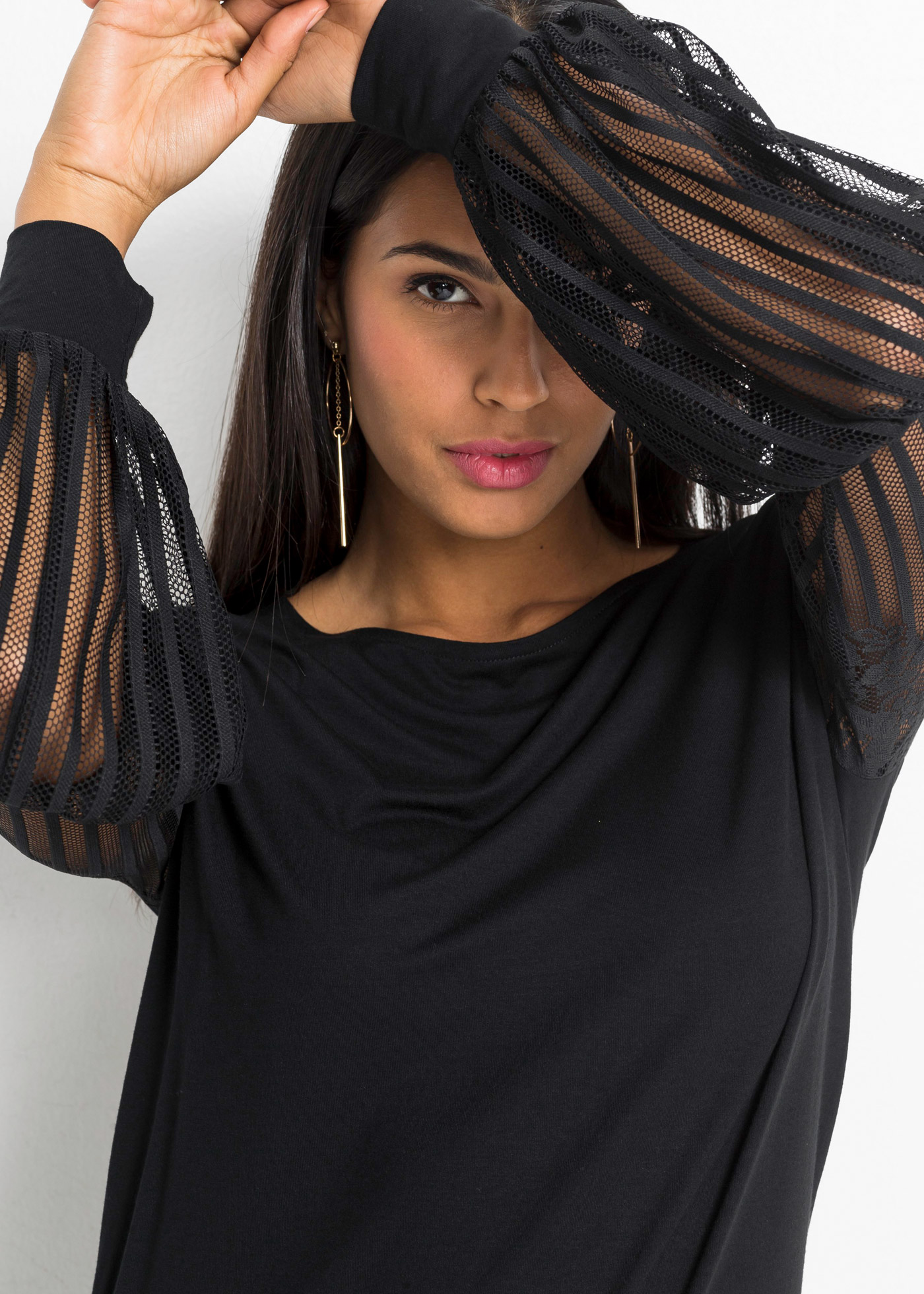 Thumbnail - bonprix Langarmshirt "Langarmshirt aus Viskose-Mix" figurumspielende Passform, Ballon-Ärmel aus Spitze, aus Viskose-Mix