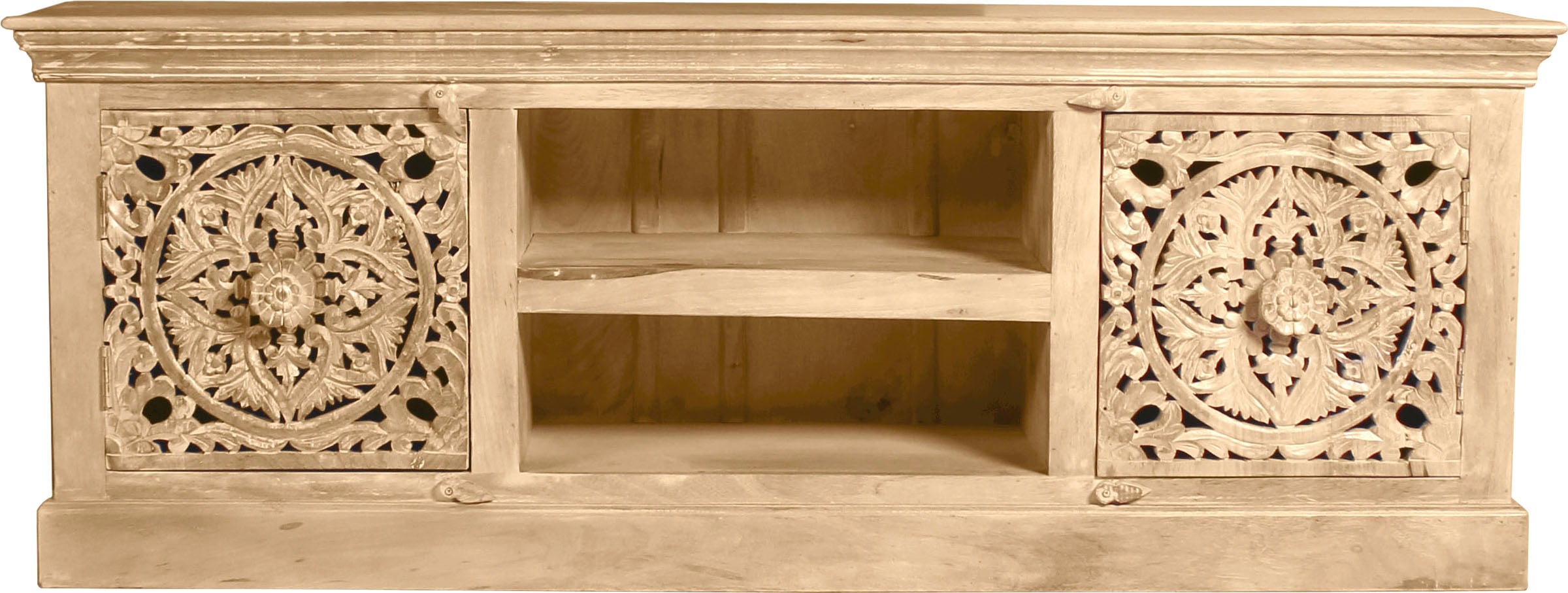 SIT Lowboard "Dmanisi aus Mangoholz mit 2 Türen und 2 offenen Fächern" TV-Lowboard mit 2 Kabellöchern und aufwändigen Schnitzereien