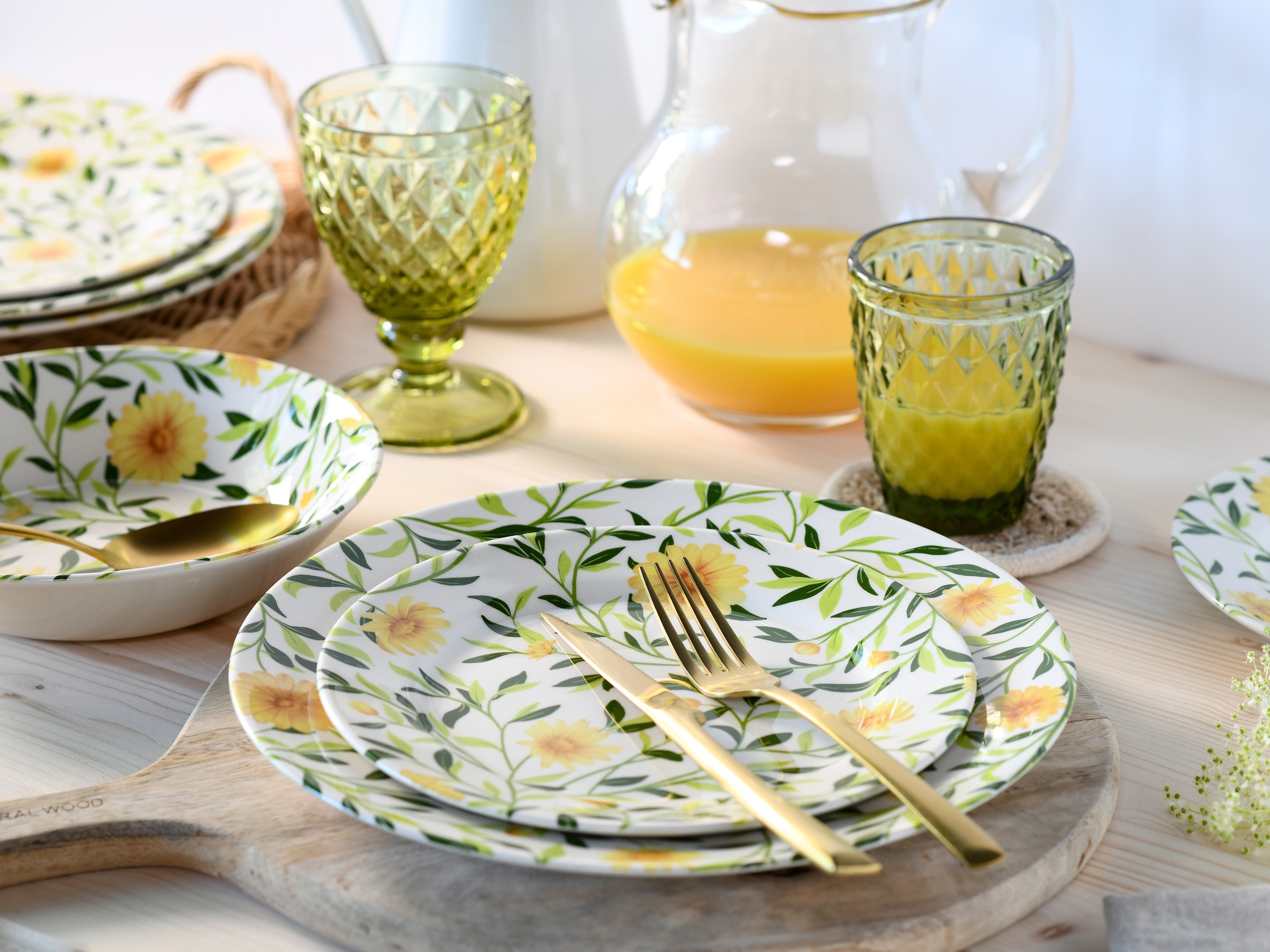 CreaTable Teller-Set »Amarilla, Tellerset 12-tlg«, (Set, 12 tlg.), Blumendekor, Blättermotiv