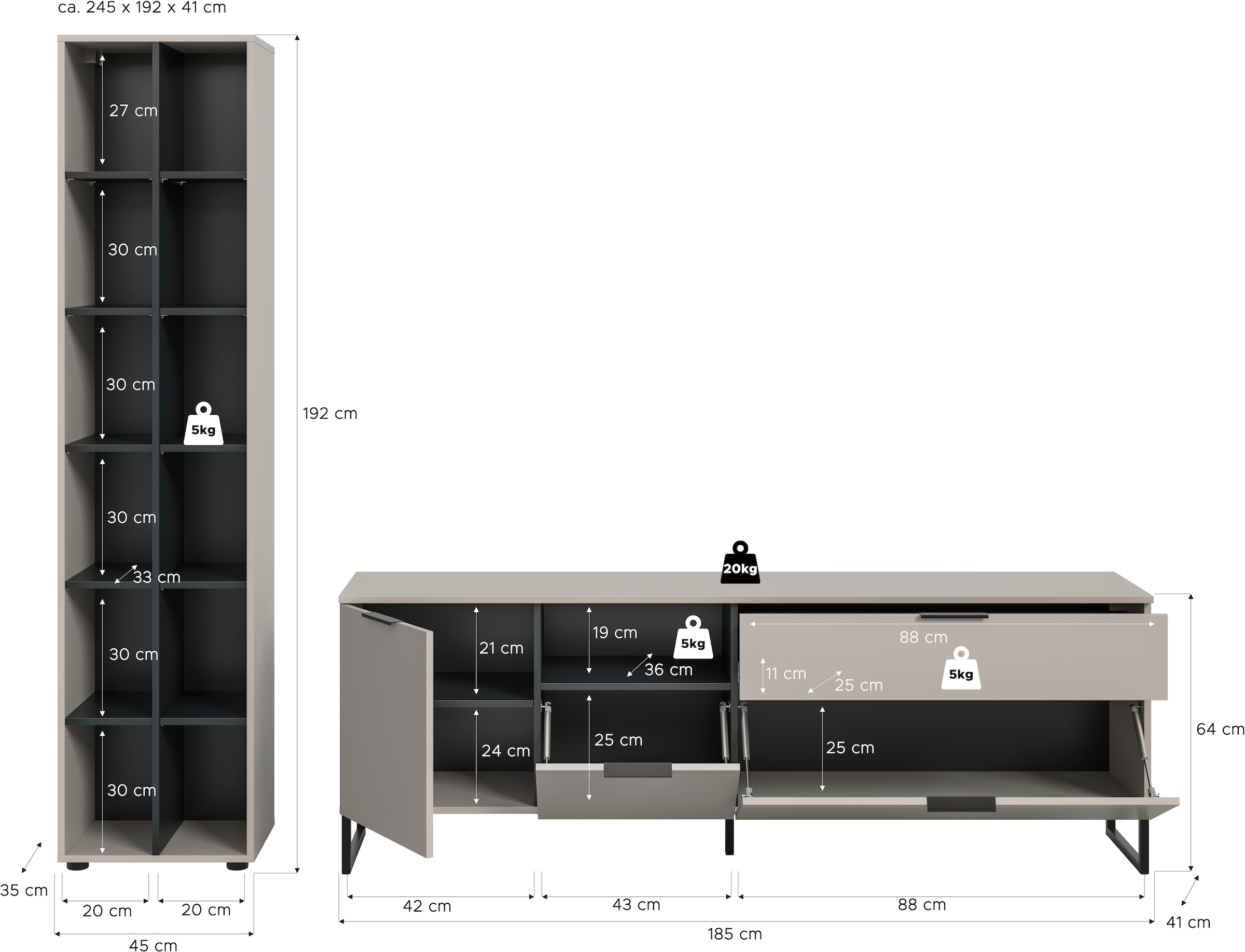INOSIGN Wohnwand »ADIO, Breite 245 cm, 2-teiliges Set, mit Metall-Kufenfüße« Set, bestehend aus: Standregal und Lowboard, 2 Stk. tlg.