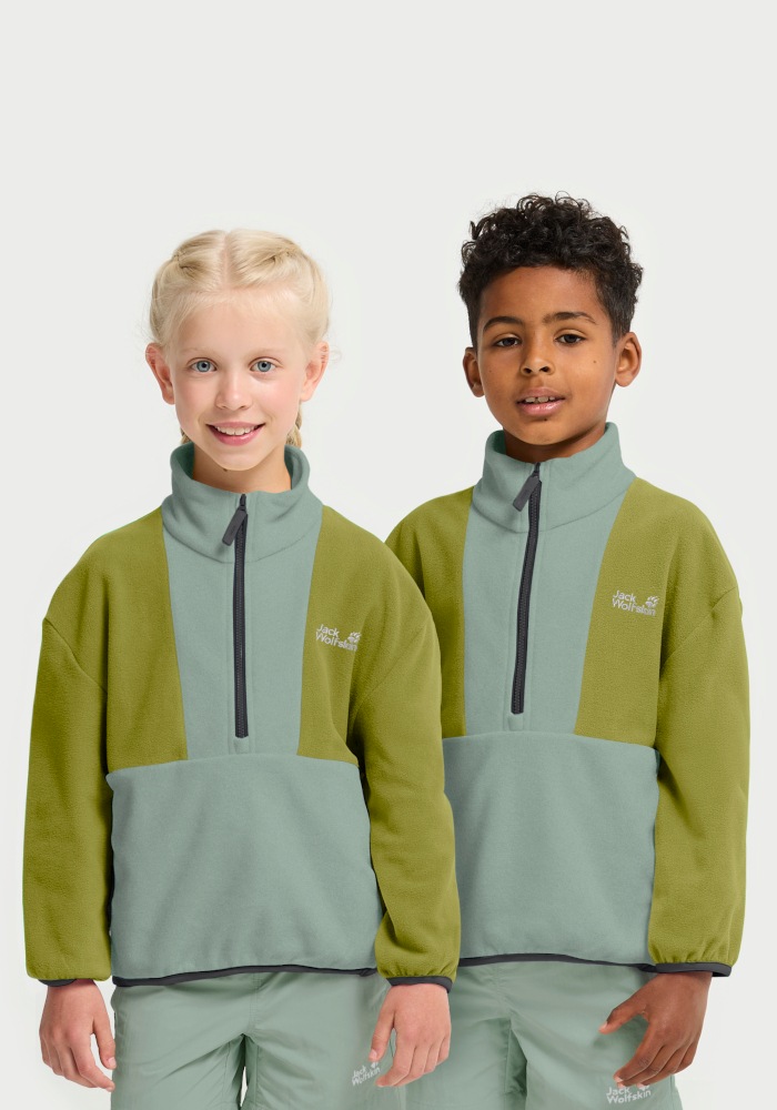 Jack Wolfskin Stehkragenpullover "COLORBLOCK TAUNUS HZ K" Kinder-Fleecepullover, Colorblocking-Look, Halfzip-Reißverschluss