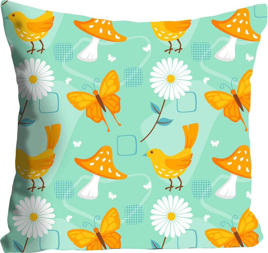 queence Dekokissen "Wilma" Kissenhülle,Blumen,Schmetterlinge,Vögel,Türkis,B günstig online kaufen
