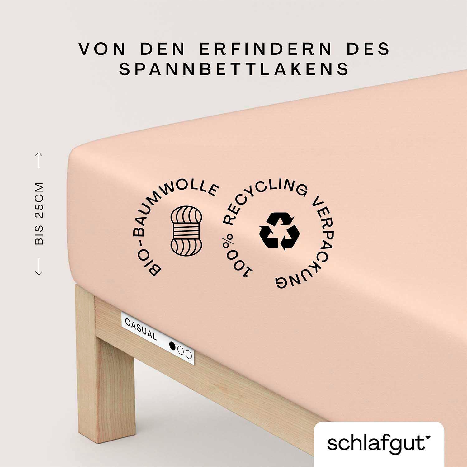 Schlafgut Spannbettlaken "CASUAL Bettlaken 100% gekämmte Bio-Baumwolle, 150 g/m², Spannbetttuch" Bettlaken bis 25 cm Höhe, langlebig, weich, Antipilling-Ausrüstung