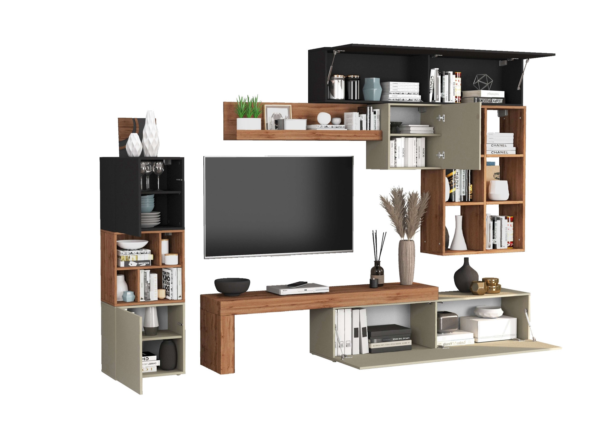INOSIGN Wohnwand »Chronos Wohnwand, Medienwand, 8-er set«, (Set, 8 St.), ca. 320 cm mit Hängeschränke, Würfel, Regal, Lowboard, Made in Italy