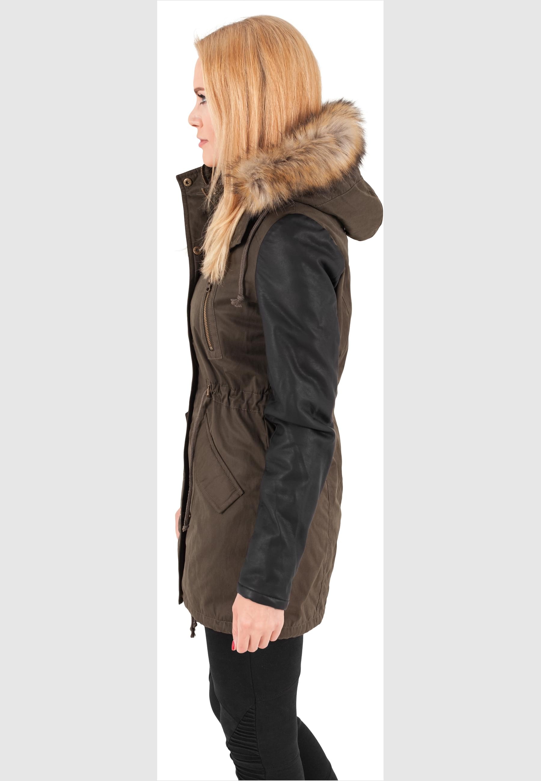 URBAN CLASSICS Parka »Urban Classics Damen Ladies Synthetic Leather Sleeve Parka«, (1 St.), mit Kapuze