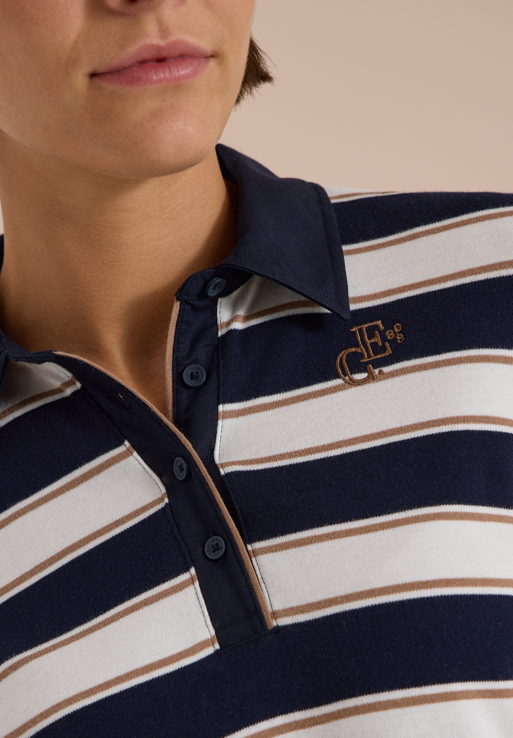 Cecil Langarm-Poloshirt mit Streifen und Stickerei