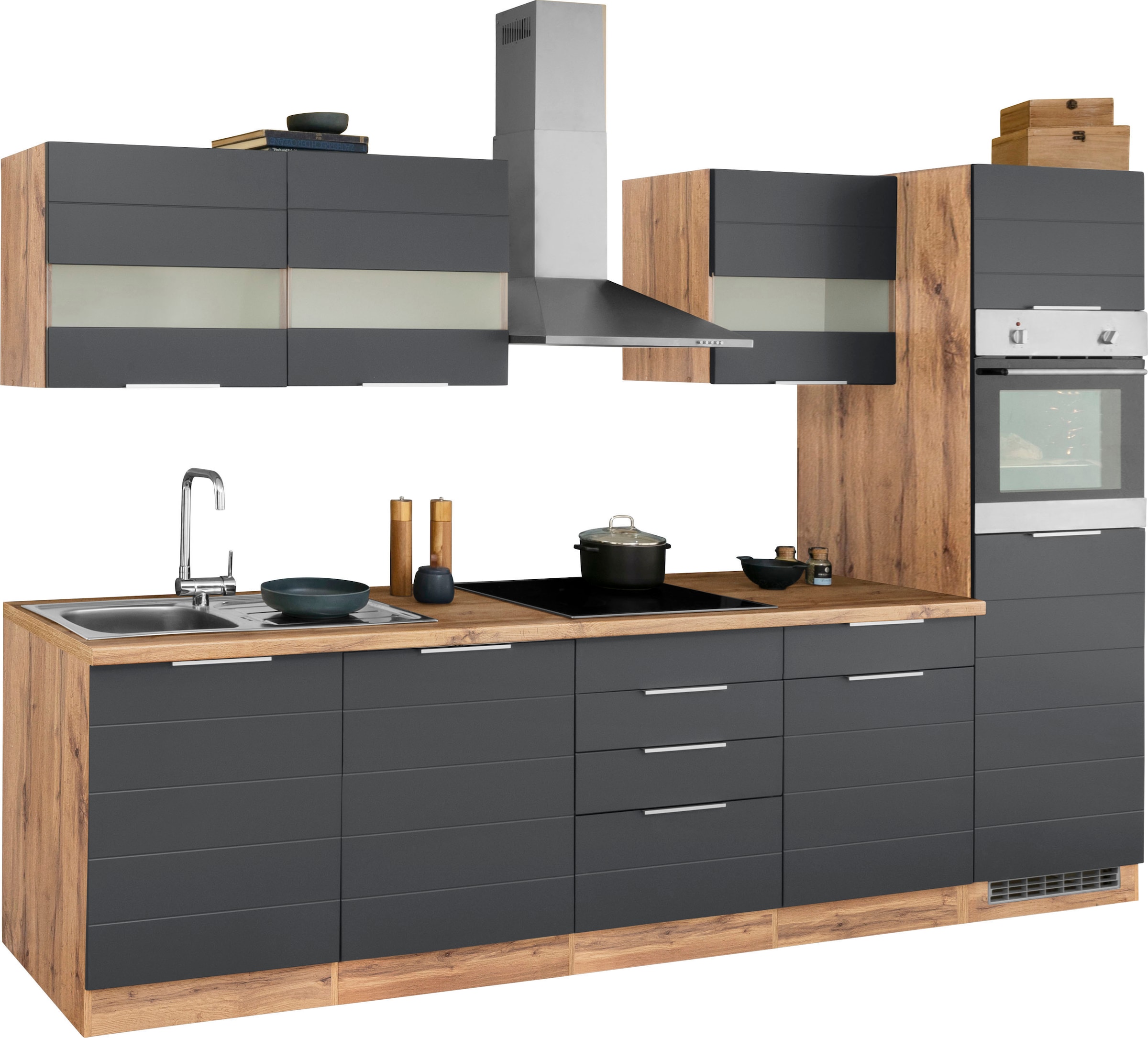Kochstation Küche »KS-Luhe«, 300 cm breit, wahlweise mit oder ohne E-Geräten, gefräste MDF-Fronten