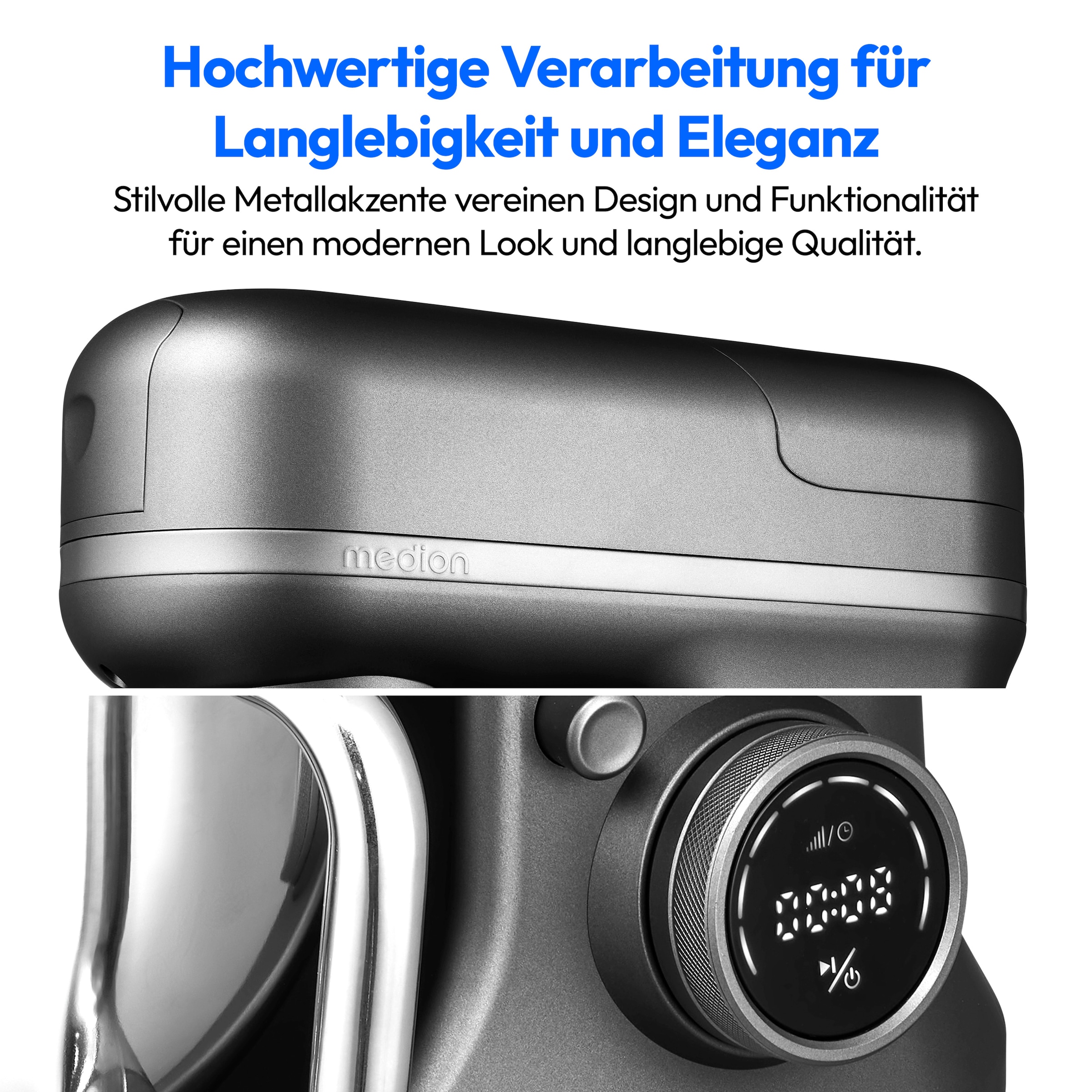 Medion® Küchenmaschine »MD 18430, 8 Geschwindigkeitsstufen, Impulsfunktion, 5L Rührschüssel«, Mit umfangreichem Zubehör-Set, Mixeraufsatz, Fleischwolf-Aufsatz
