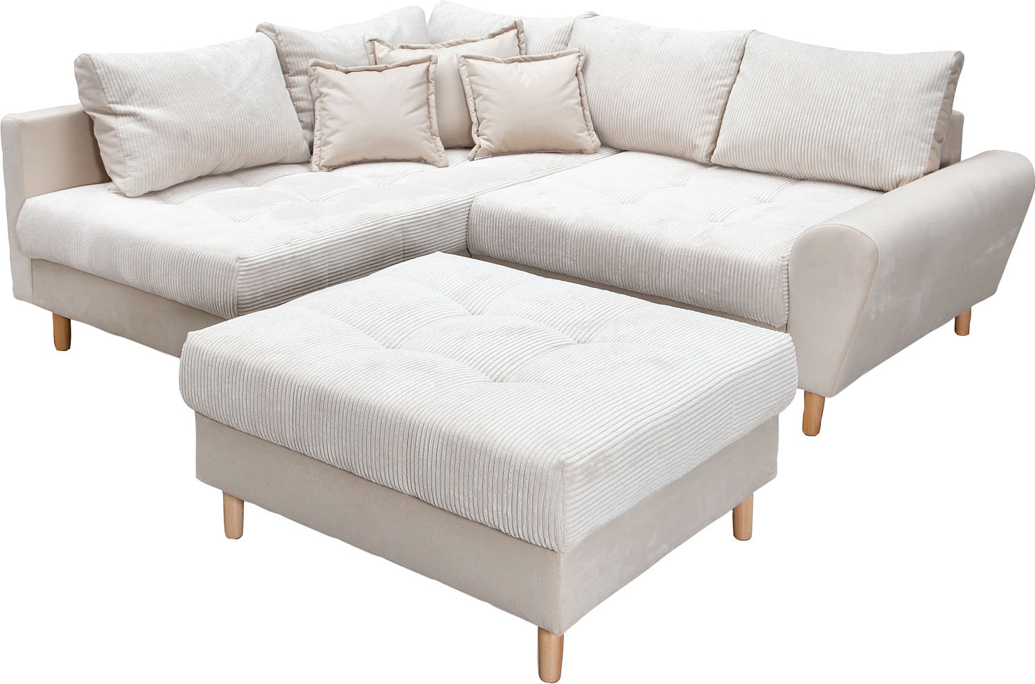 Home affaire Ecksofa »Rice L-Form«, (Set, mit Hocker), mit Bonnellfederkern, Hocker & Kissen, Ottomane beidseitig montierbar