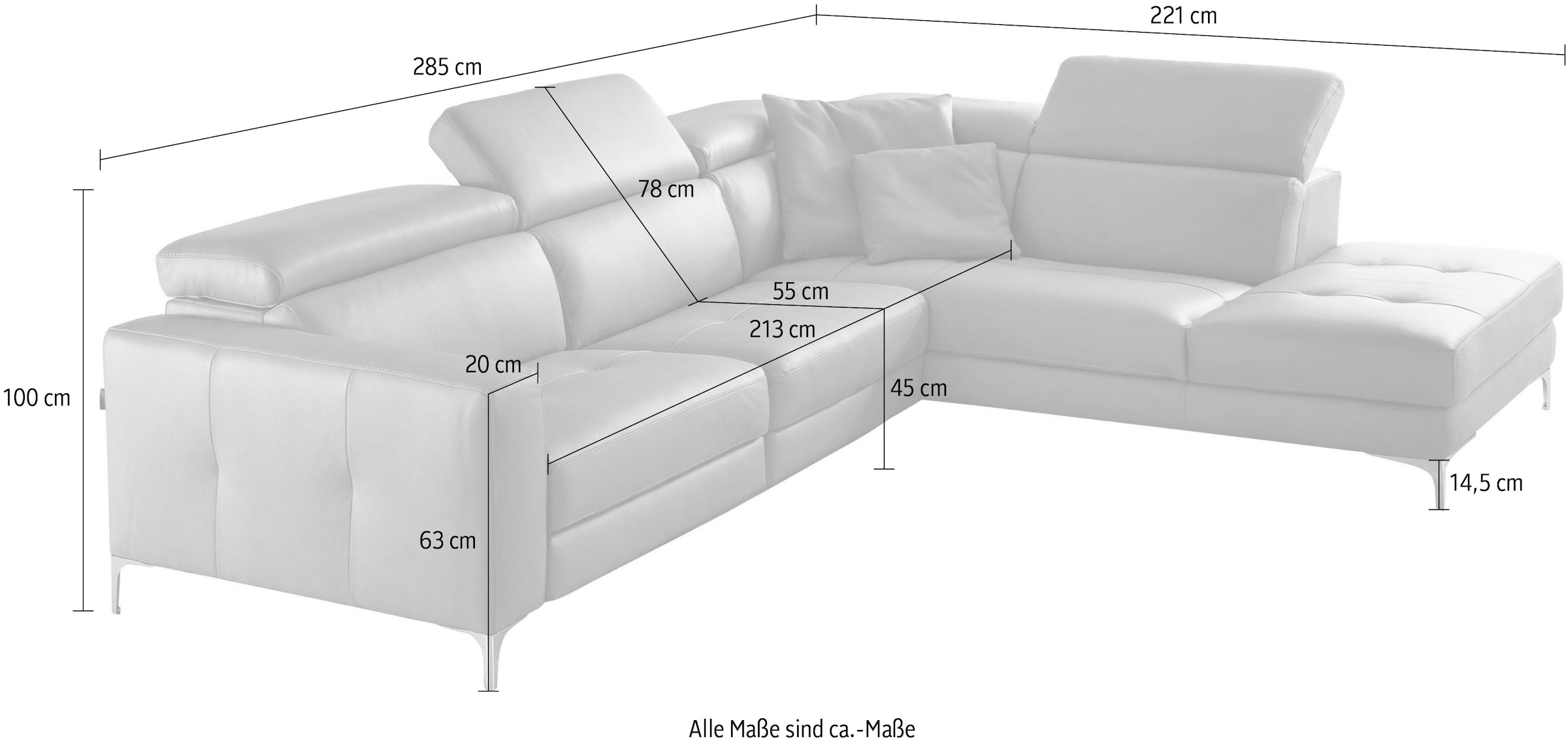 Egoitaliano Ecksofa »Matt, hoher Sitzkomfort und aufwendige Detailverarbeitung, L-Form«, mit Ottomane, inkl. verstellbarer Kopfteile zum Relaxen