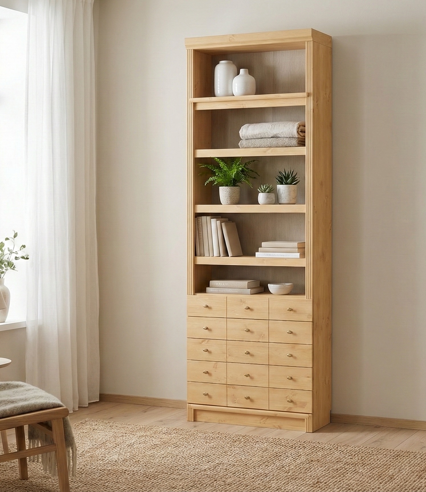 Home affaire "Soeren Regal mit 5 breiten Schubkästen in geteilter Optik" T/H: 80/29/220 cm, Kiefer FSC-zertifiziert, elegante Metallgriffe