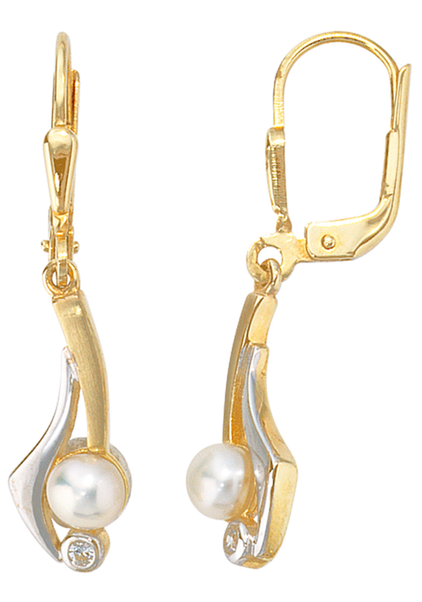 Perlenohrringe JOBO "mit Süßwasser-Zuchtperlen und Zirkonia hängend", gelbgold 333, weiß, Ohrringe, Damen, Gelbgold 333 Perlen, Gelbgold 333, Perlen, 8 Karat 333 Gold