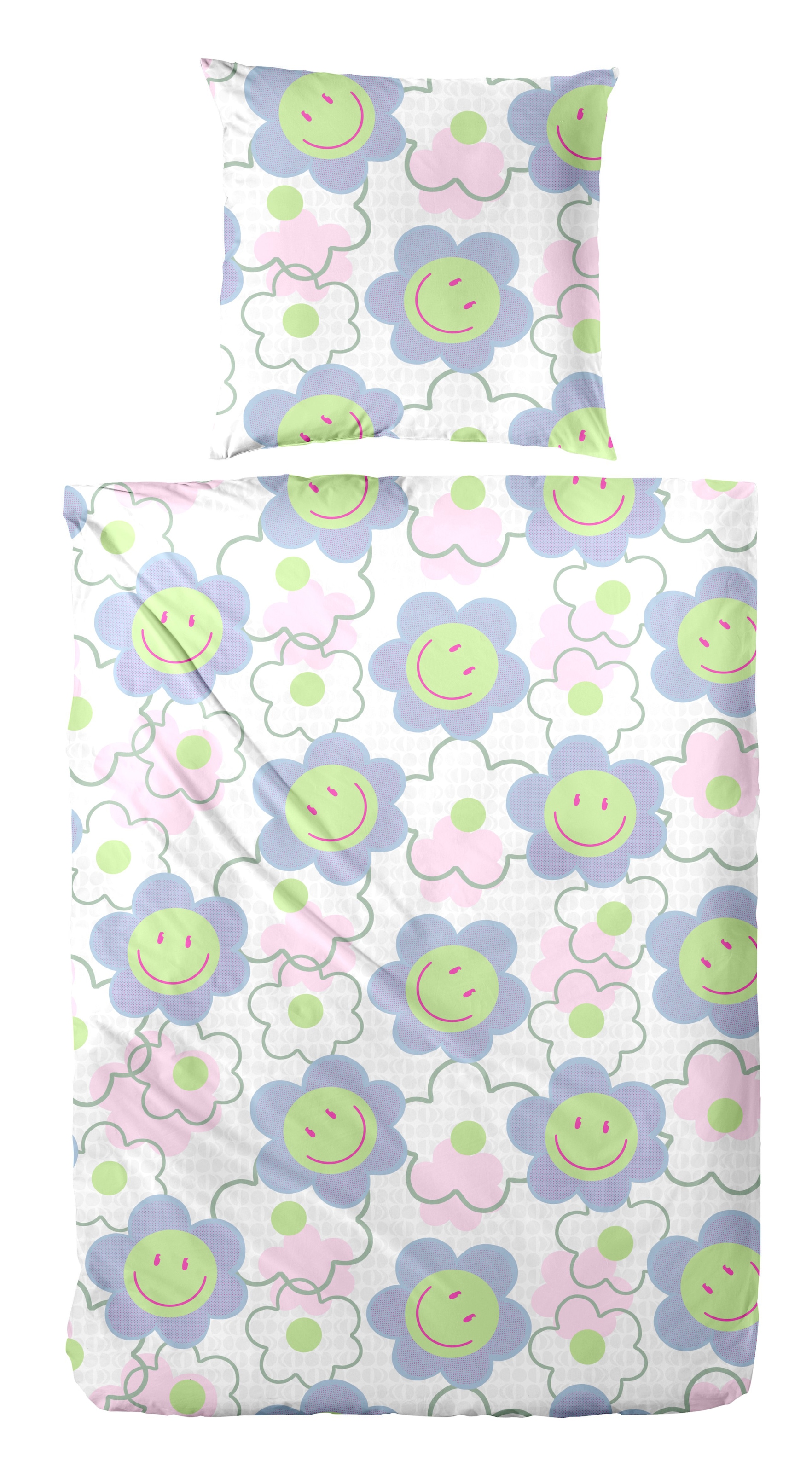 Primera Bettwäsche "Renforce-Bettwäsche Smile for me" 2 Stk. mit Smiley Blüten in bunten Farben