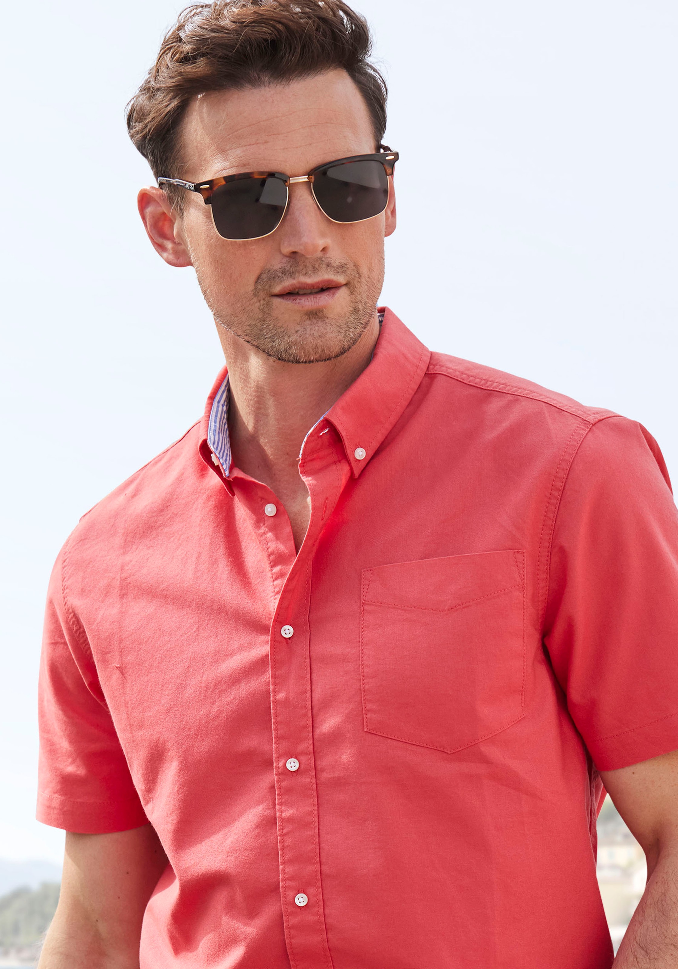 Kurzarmhemd H.I.S "regular-fit", Herren, Gr. S (37/38), N-Gr, rot, Web, Obermaterial: 100% Baumwolle, unifarben, regular fit, Rundhals, abgesteppte Kante, Hemden, mit Button-down-Kragen, reine Baumwolle 3