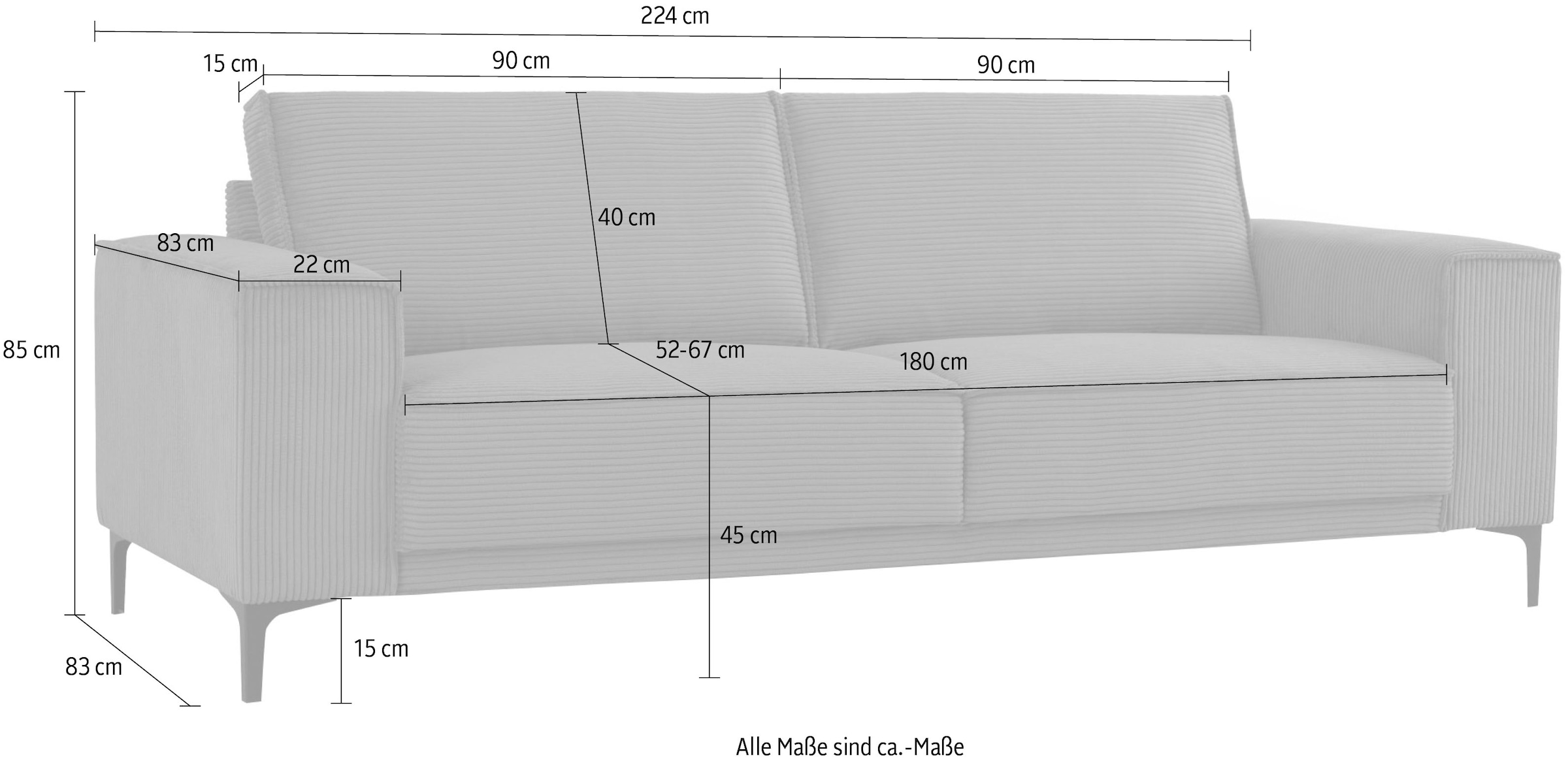 OTTO home 3-Sitzer »OLAND Cord, Sofa, B: 224 cm, Skandi-Design« Struktur, Flachgewebe, Luxus-Microfaser, Boucle