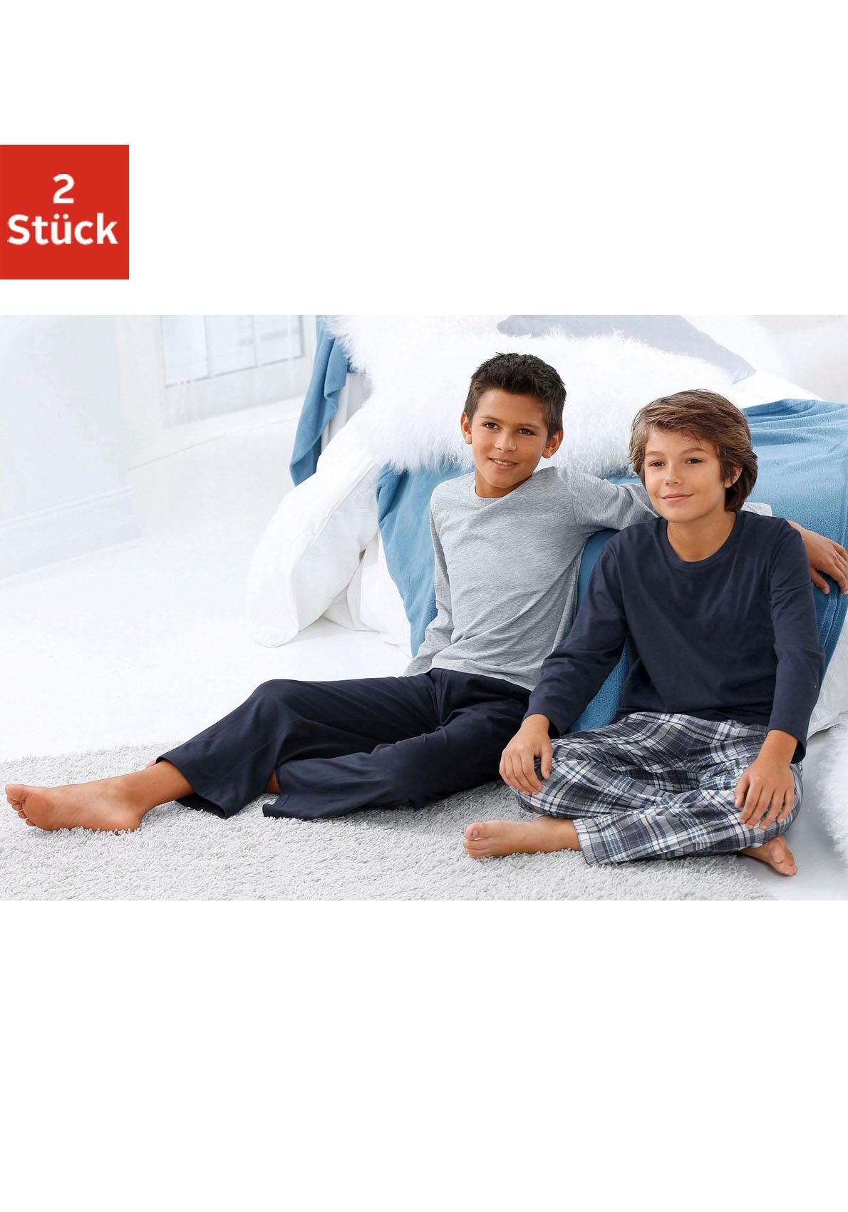 le jogger Pyjama Packung, 4 tlg. langer Schlafanzug, kariert und unifarben, aus Baumwolle