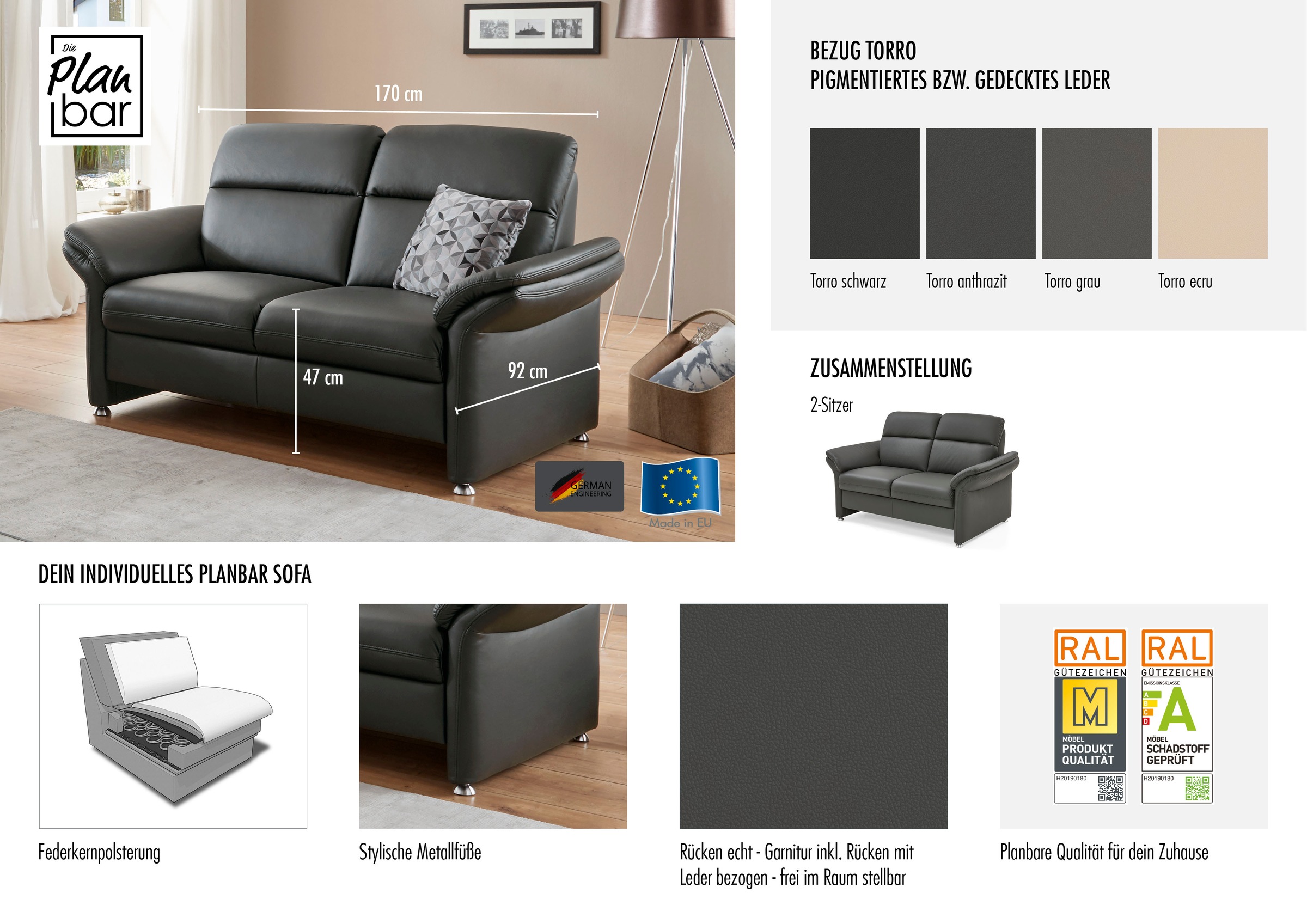 Thumbnail - Die PlanBar 2-Sitzer "PN-EM16031, ohne Kopfstützen" Echtleder mit Federkern