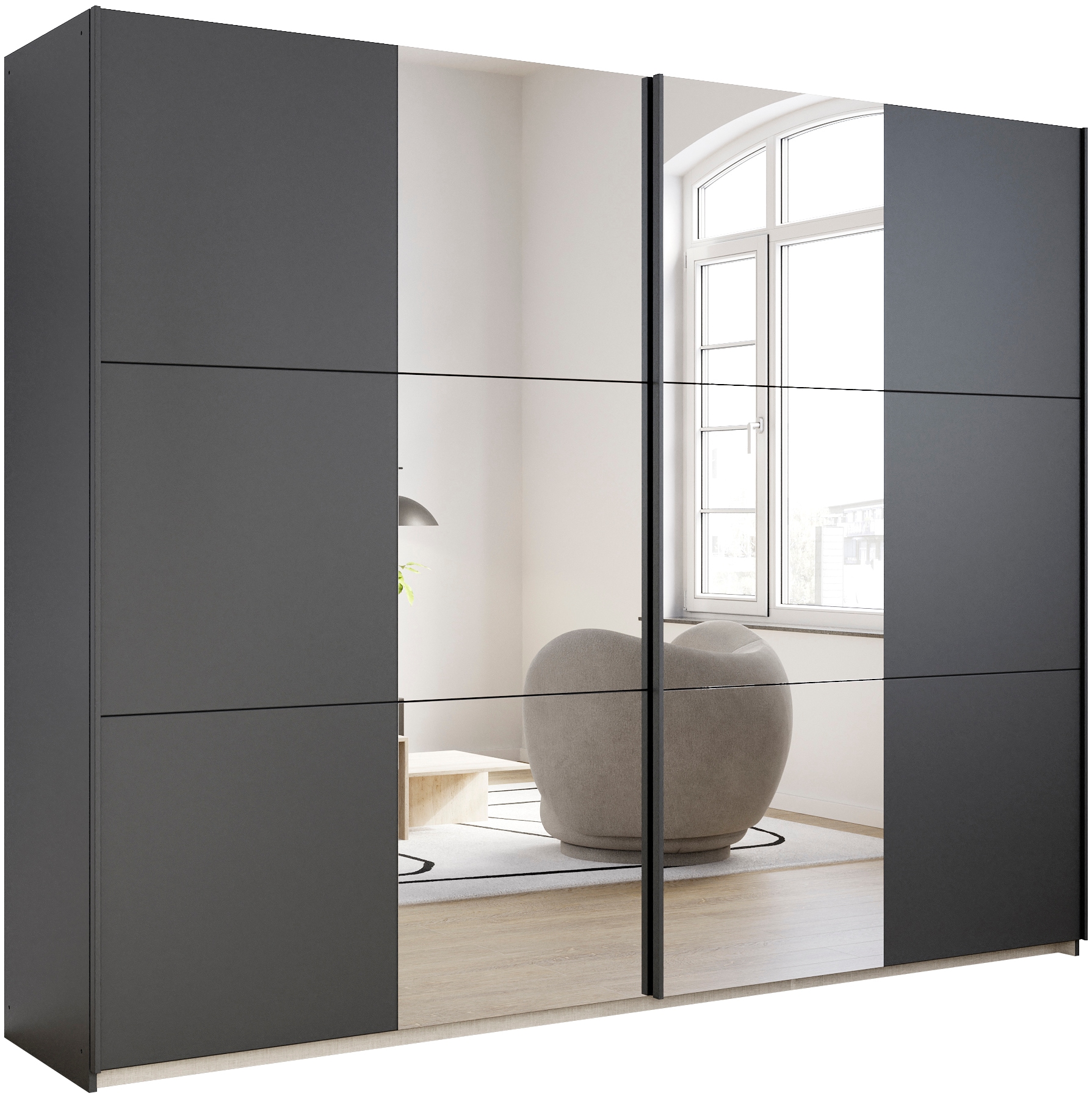 rauch Schwebetürenschrank "Kleiderschrank Drehtürenschrank Schrank Garderobe KRONACH" in 3 Ausstattungen BASIC/CLASSIC/PREMIUM, Breiten 131/175/218/261 cm, optional ohne, mit 1 oder 2 Spiegel, viel Stauraum MADE IN GERMANY