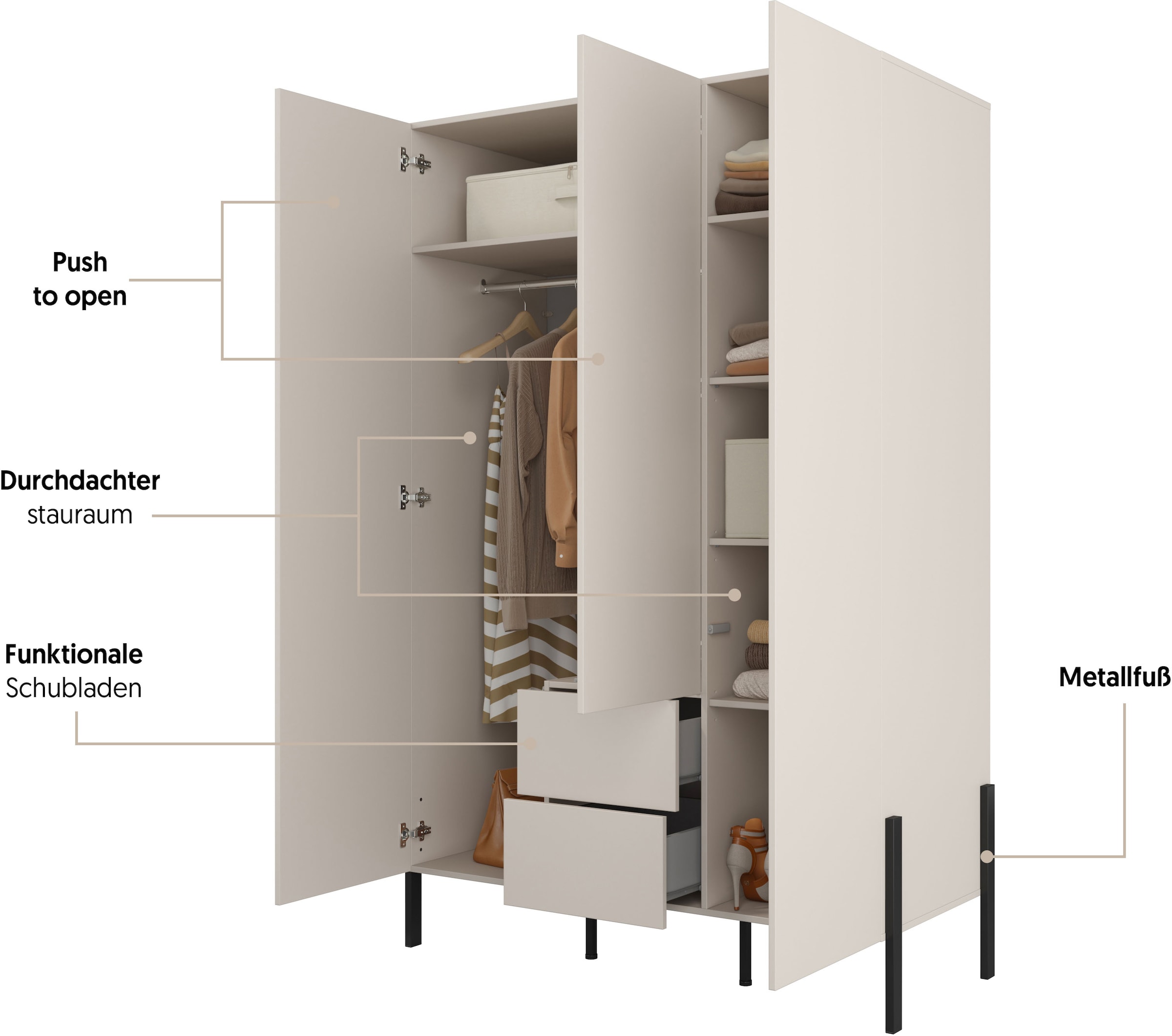 Home affaire Drehtürenschrank »Jukon, moderner Kleiderschrank«, Drehtürenschrank 3 Türen/2 Schubkästen, push to open Funktion