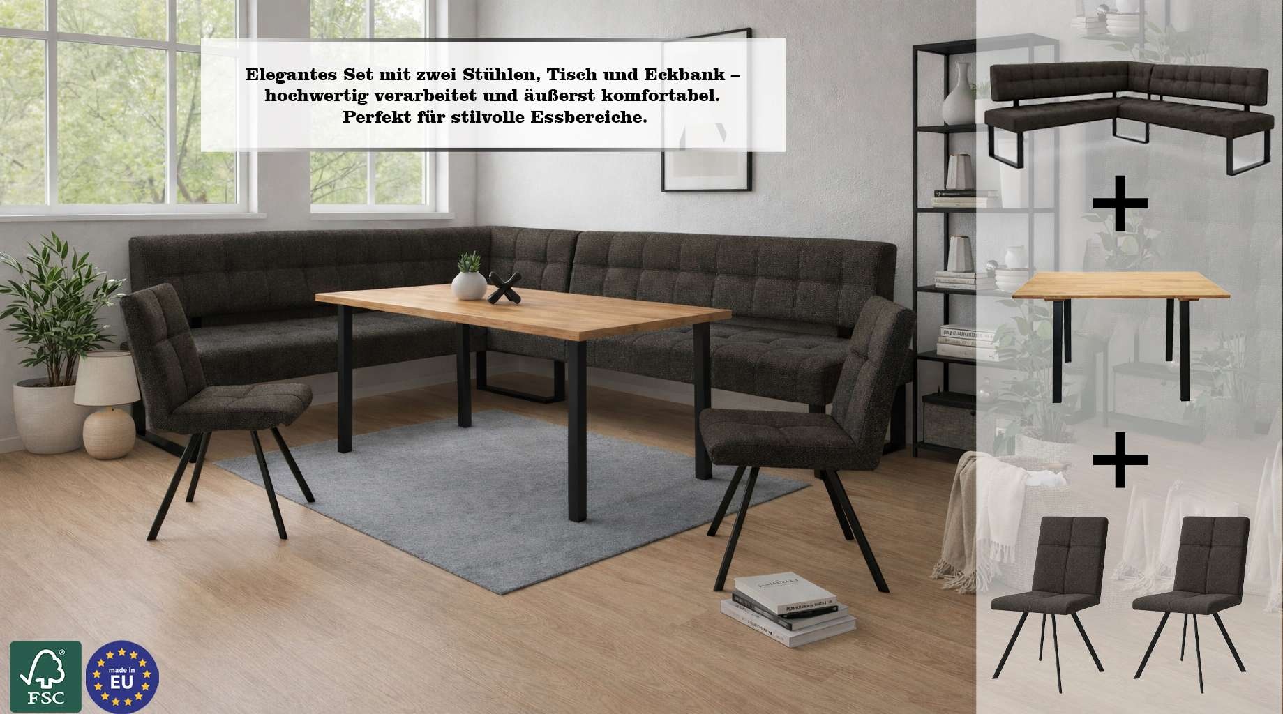 Home affaire Eckbankgruppe »Mia Essecke, Sitzgruppe, Eckbankgruppe, Küchenbankgruppe« Set, 4er, 4 tlg. Eckbank mit Wellenfederung; Tisch in Eiche massiv