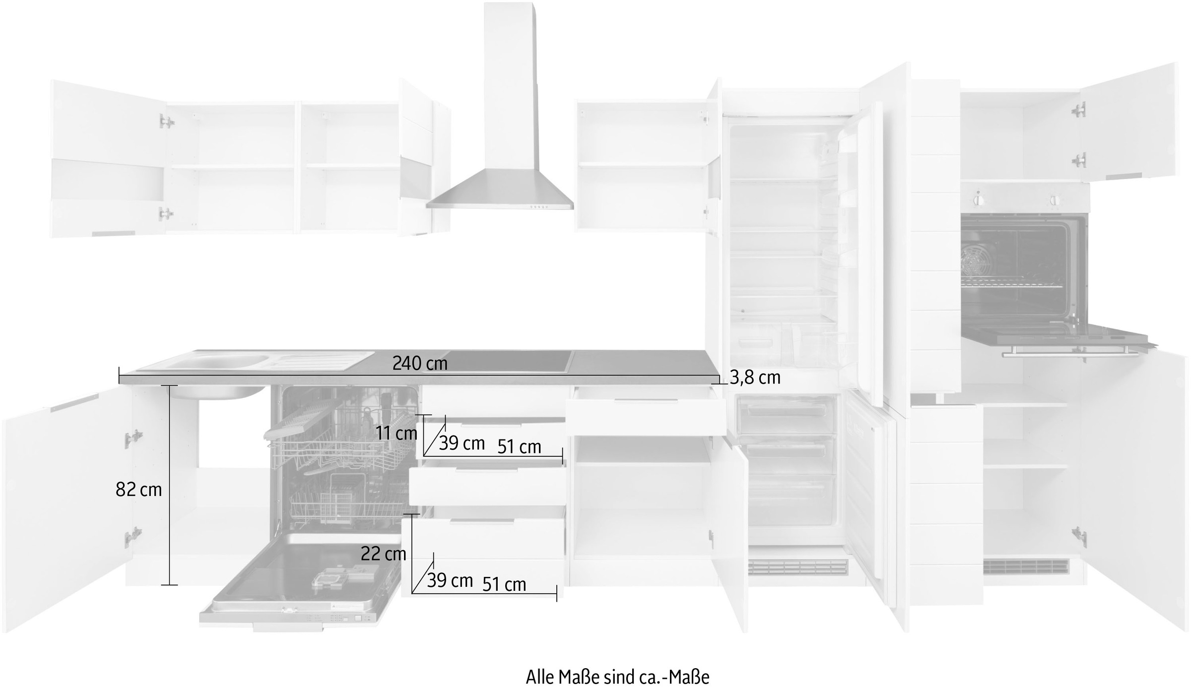 HELD MÖBEL Küche »Luhe«, 390 cm breit, wahlweise mit oder ohne E-Geräten,  gefräste MDF-Fronten bestellen | BAUR