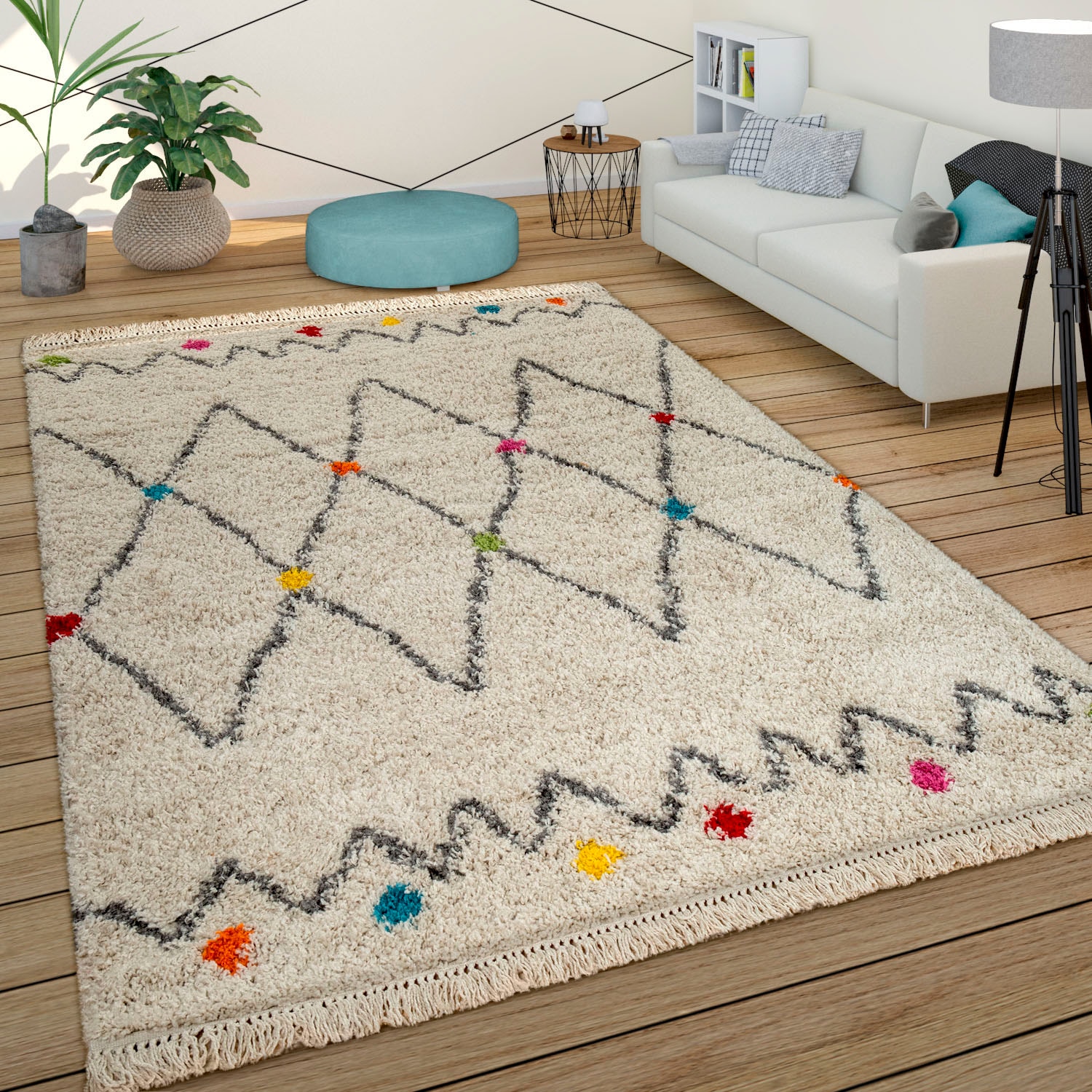 Paco Home Teppich »Wooly 281«, rechteckig, 39 mm Höhe, Hochflor-Shaggy, Scandi-Muster, mit Fransen, Wohnzimmer